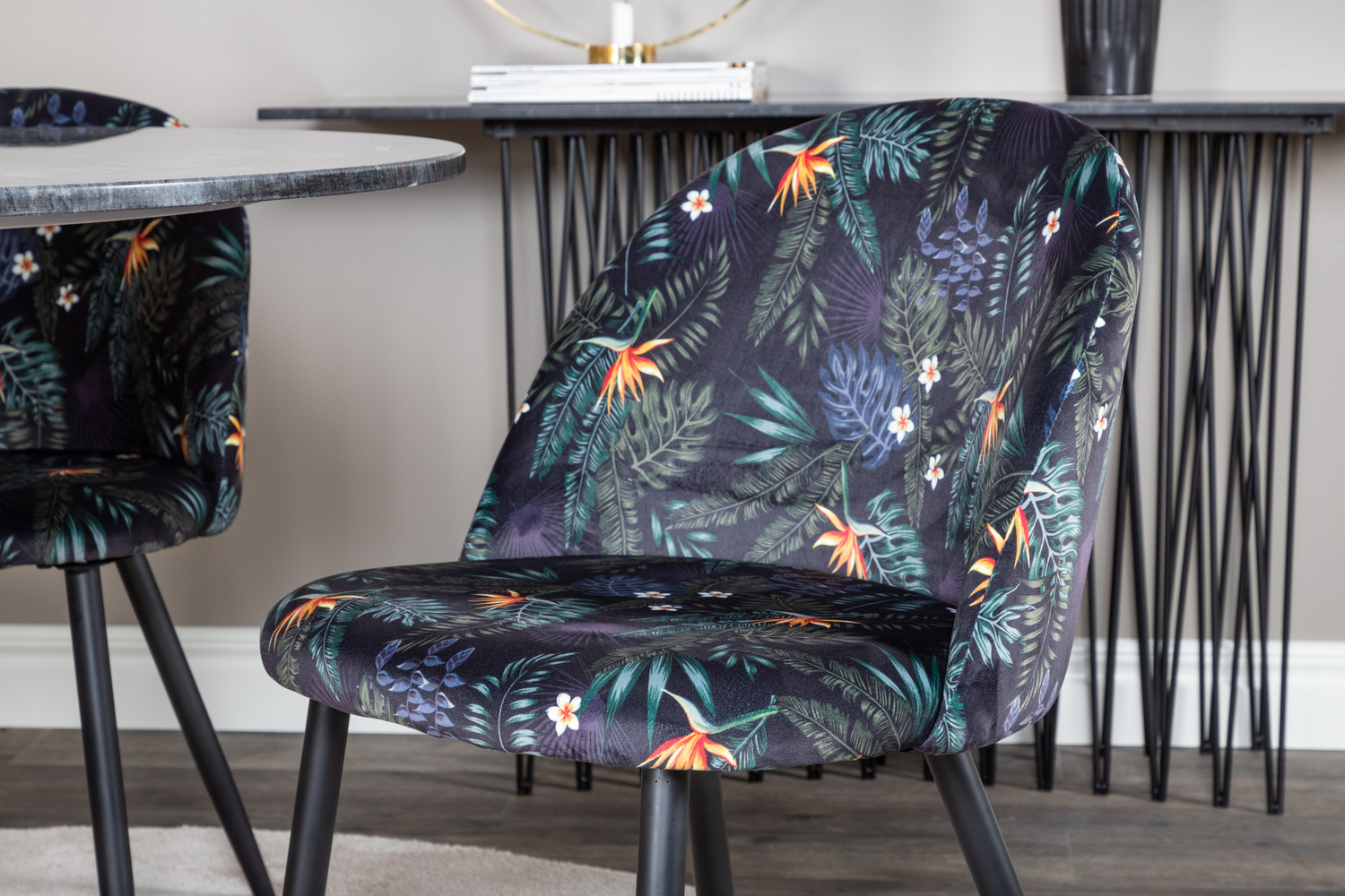 Salle à manger complète Dallas 1219 (Motif floral + Noir)