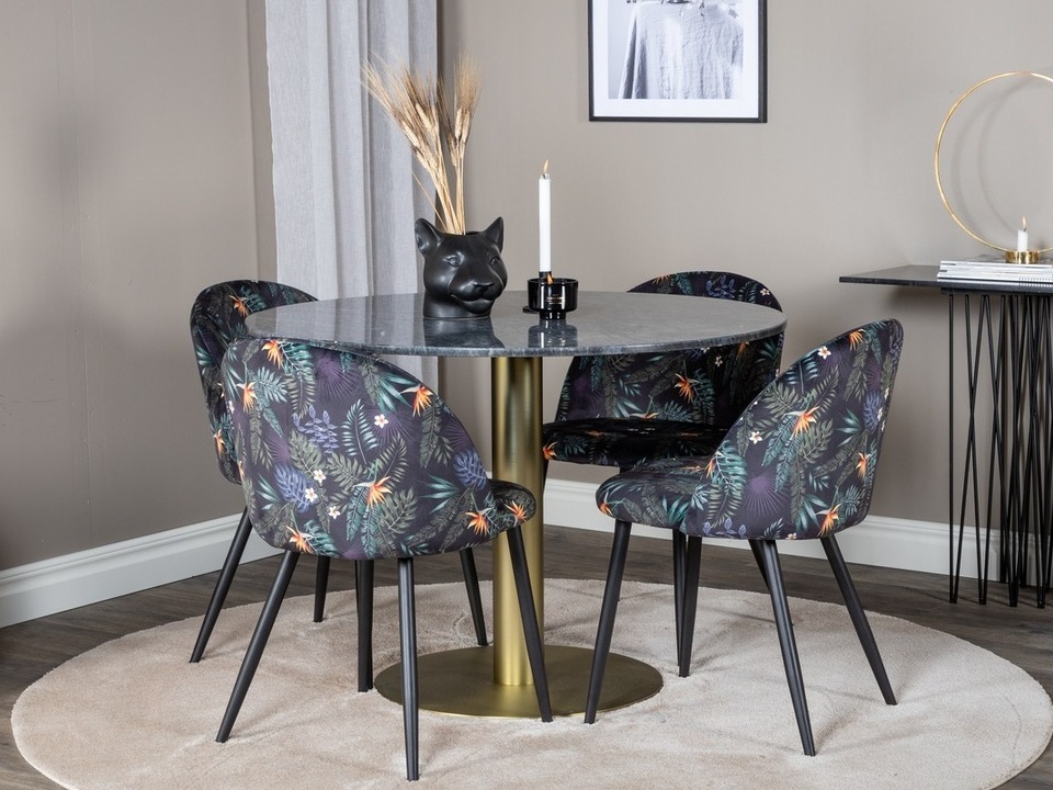 Salle à manger complète Dallas 1219 (Motif floral + Noir)