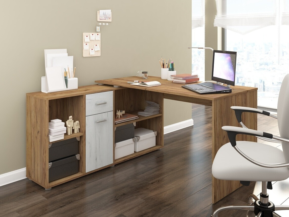 Bureau d'angle Gilroy 113 (Craft chêne + Artisanat blanc)