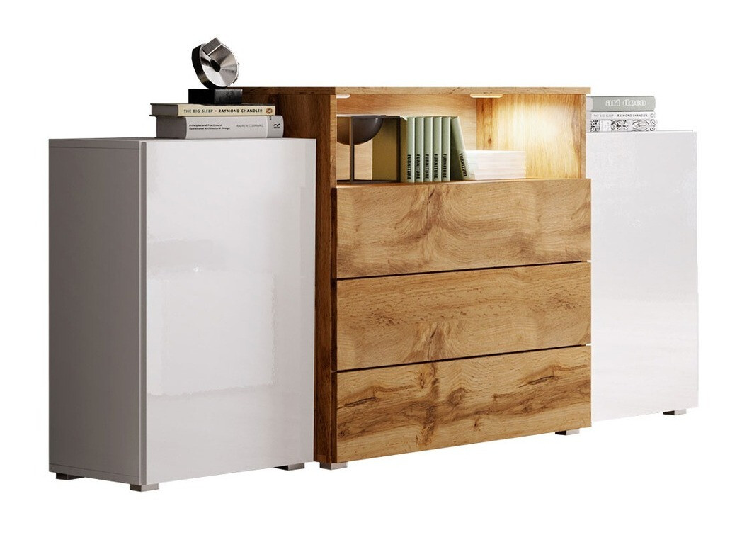 Commode Sarasota 127 (Blanc + Blanc brillant + Chêne wotan)