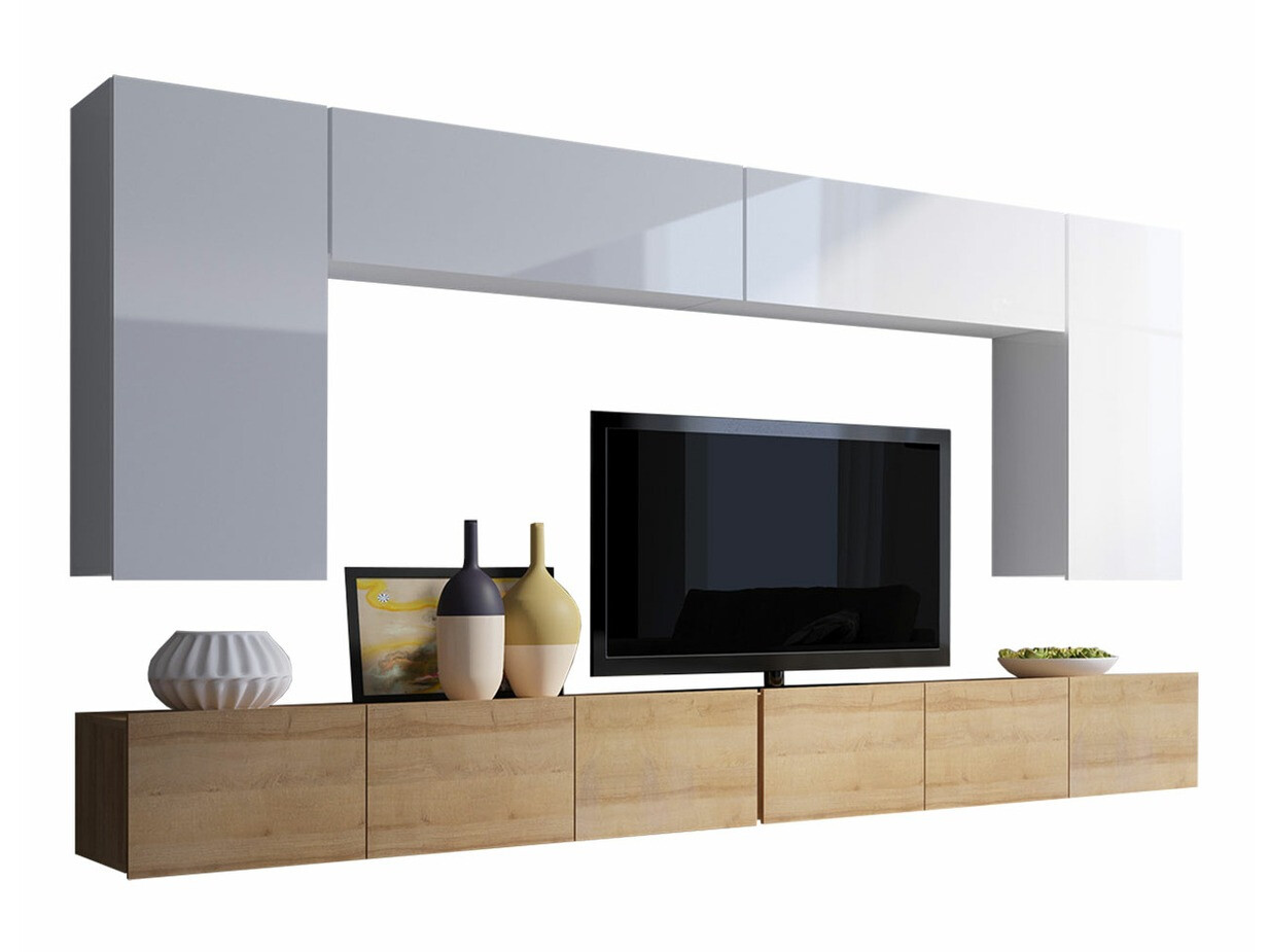 Ensemble de salon Remus XIII (Chêne doré + Blanc + Blanc brillant)