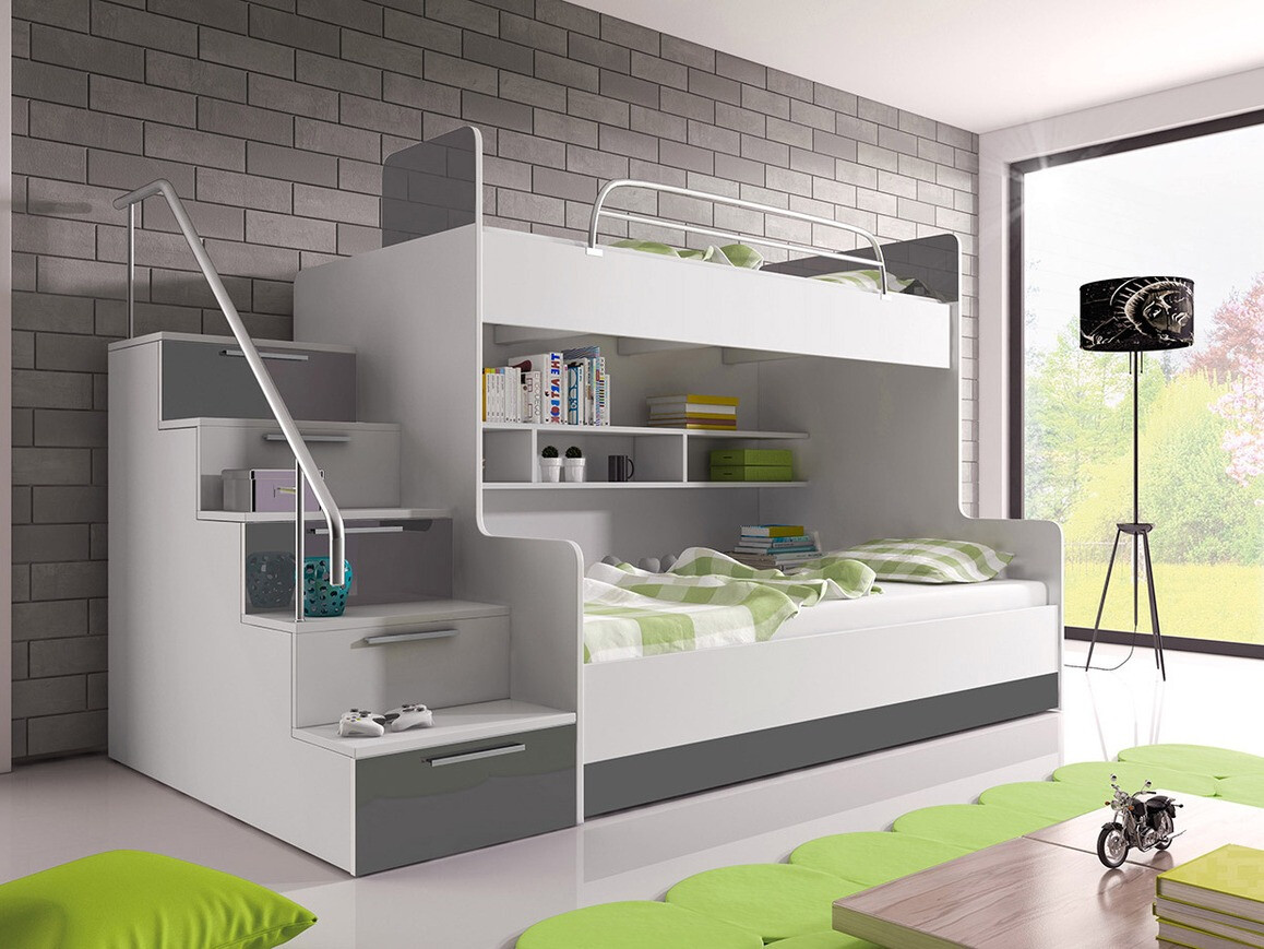 Lit superposé Campus (Blanc + Blanc brillant + Gris brillant)