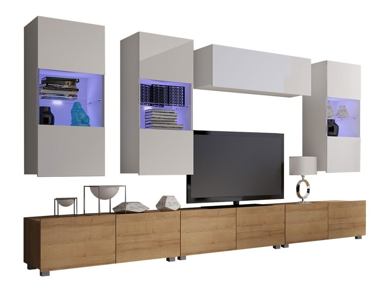 Ensemble de salon Remus XI (Chêne doré + Blanc + Blanc brillant)