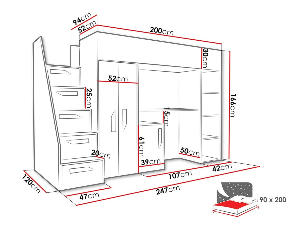 Lit mezzanine Hartford 192 (Blanc + Rose brillant + Blanc brillant)