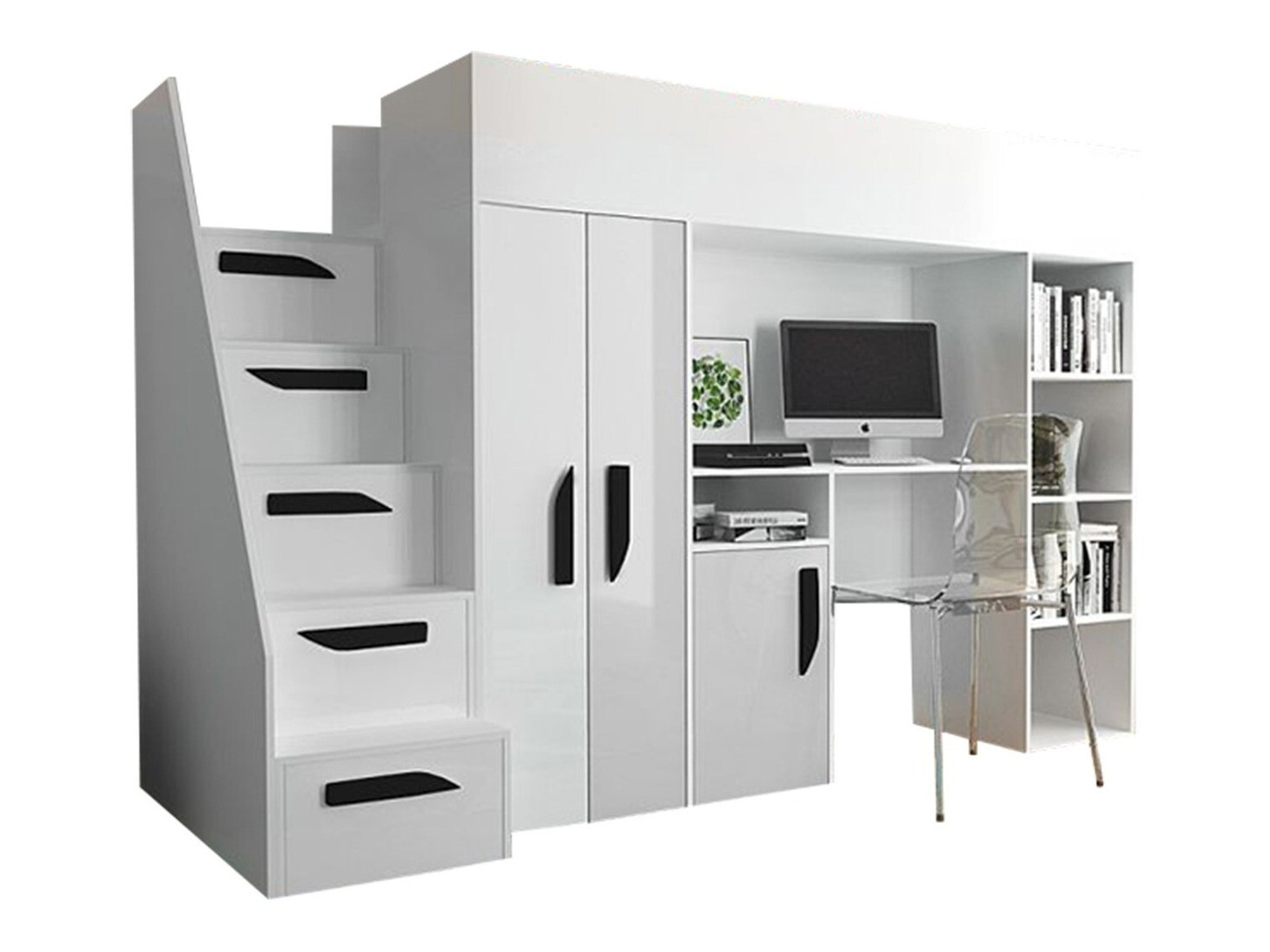 Lit mezzanine Hartford 192 (Blanc + Blanc brillant + Noir brillant)