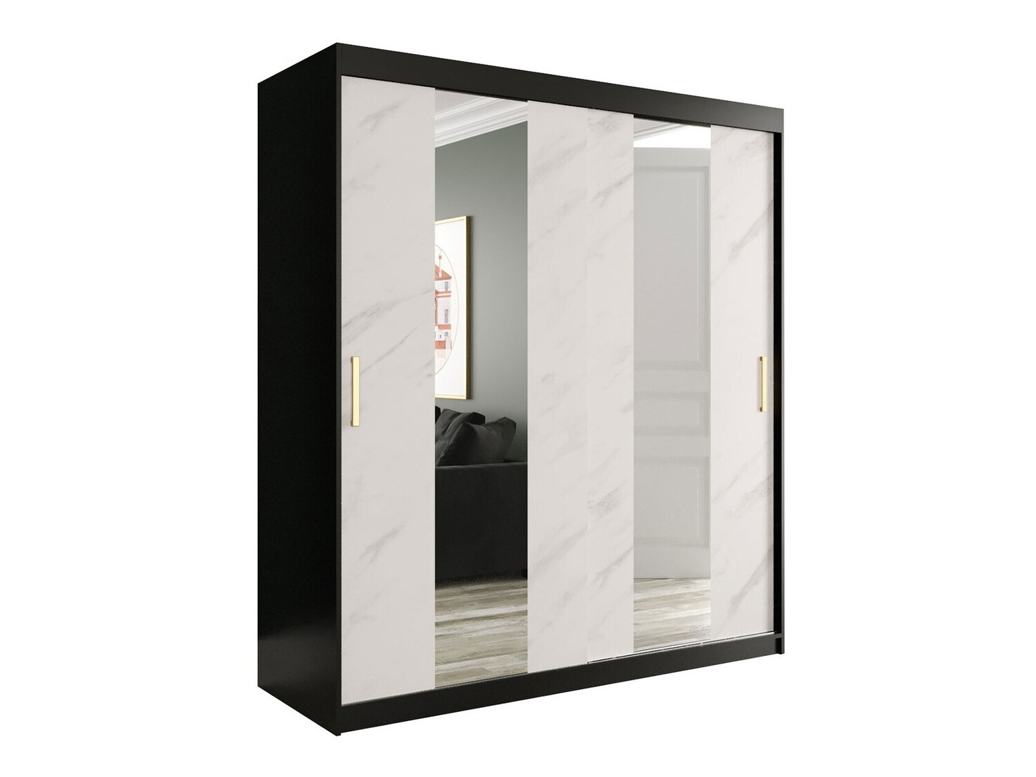 Armoire Hartford 243 (Noir mat + Marbre blanc)