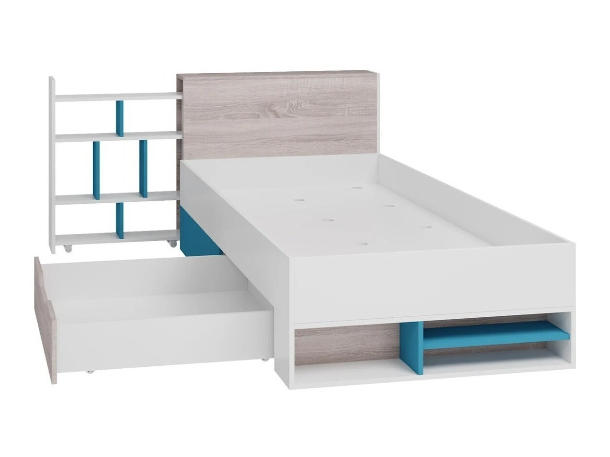 Chambre enfant complète Camteso 114 (Blanc + Chêne + Turquoise)