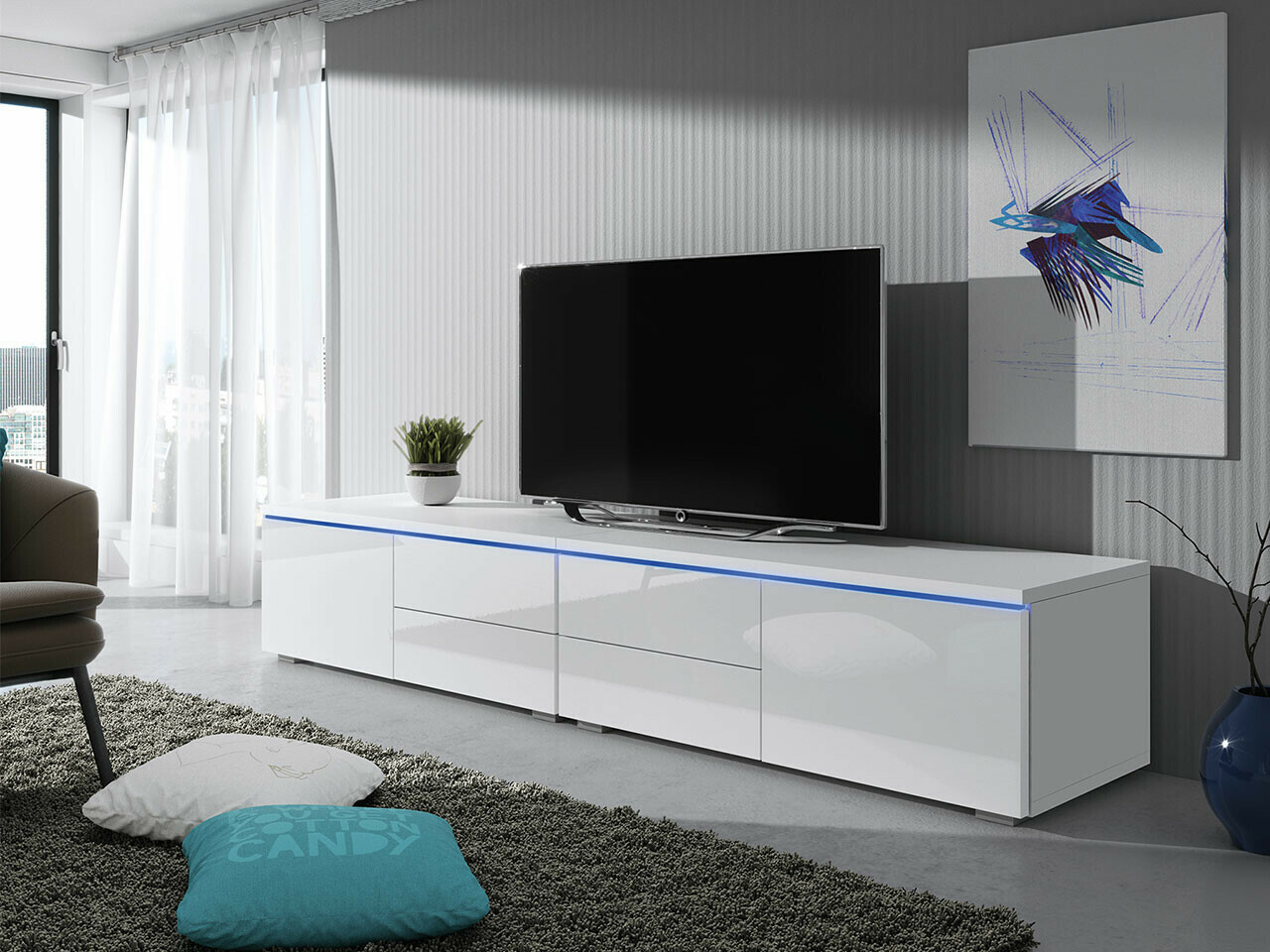 Meuble TV Hortus (Blanc + Blanc brillant)