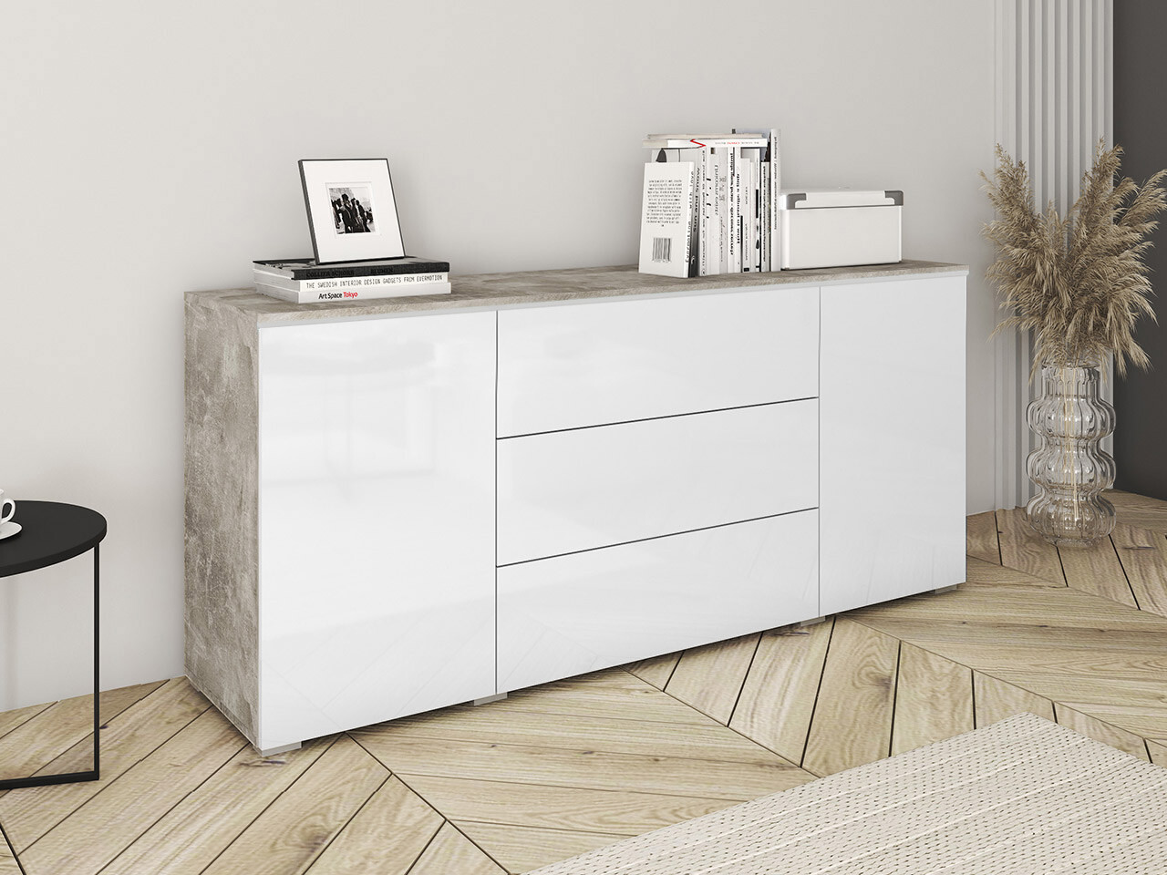 Commode Mirfivo 102 (Béton + Blanc brillant)