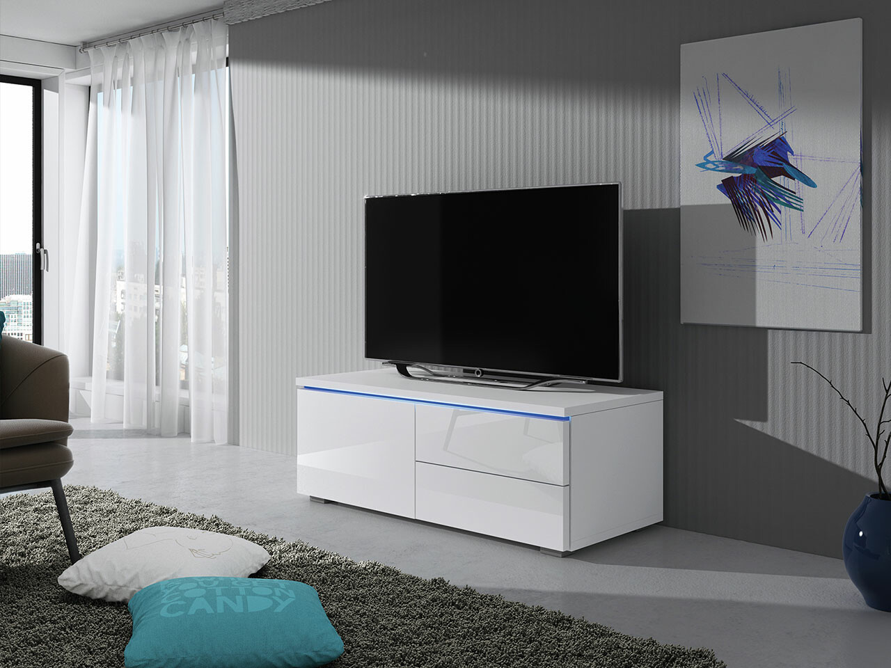 Meuble TV Uva VI (Blanc + Blanc brillant)