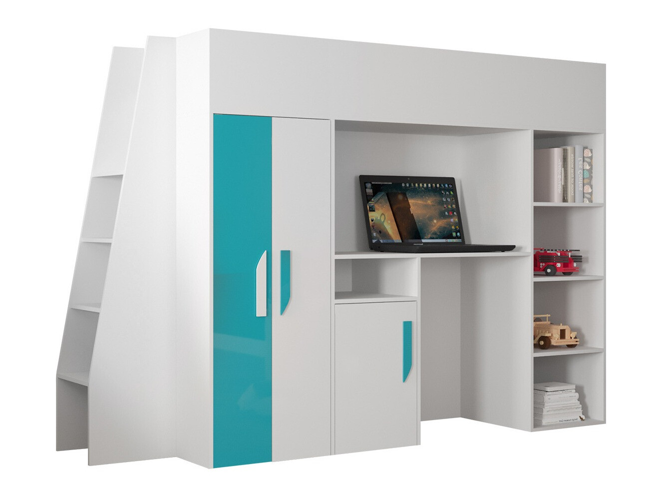 Lit mezzanine Hartford 355 (Blanc + Brillant Turquoise + Blanc brillant)