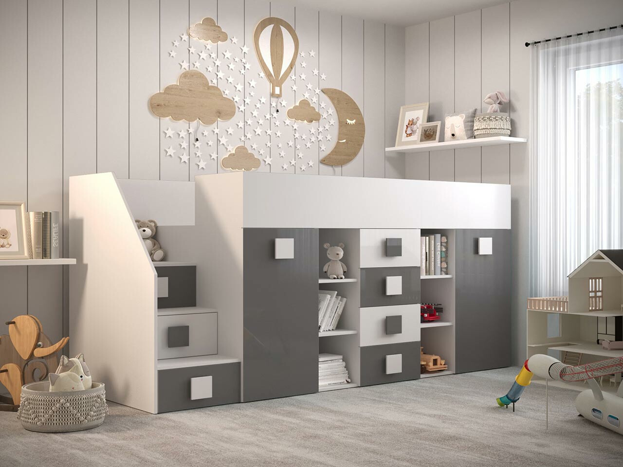 Lit haut Hartford 366 (Blanc + Gris brillant + Blanc brillant)