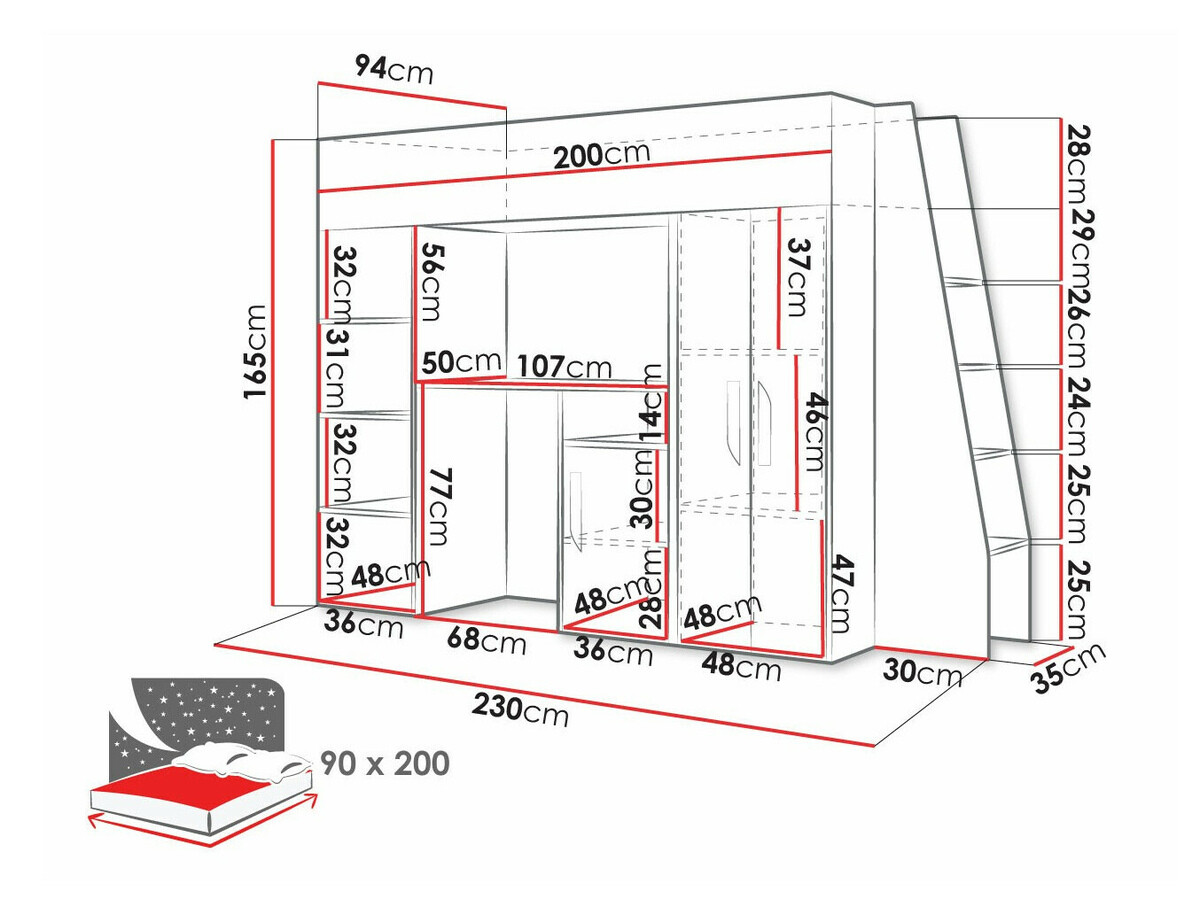 Lit mezzanine Hartford 355 (Blanc + Blanc brillant + Noir)