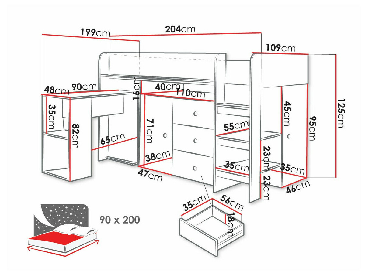 Lit mezzanine Hartford 359 (Chêne Artisan + Blanc)