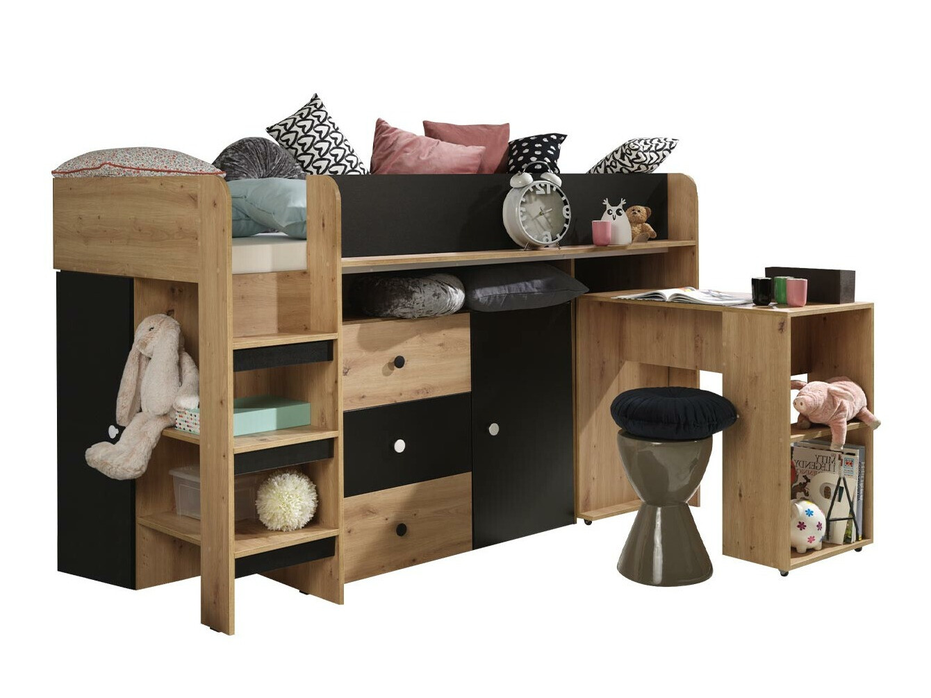 Lit mezzanine Hartford 359 (Chêne Artisan + Noir)