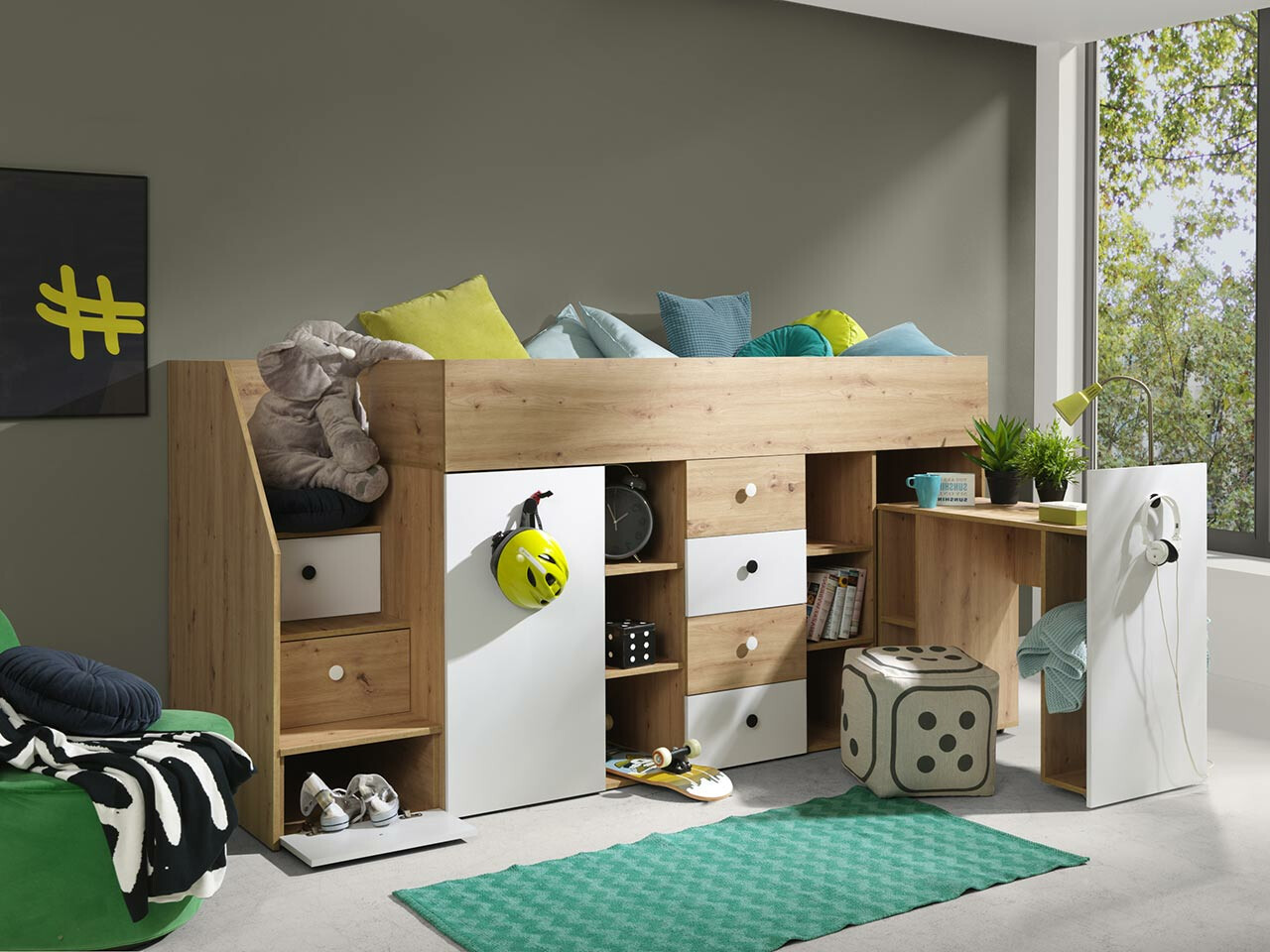 Lit mezzanine Hartford 361 (Chêne Artisan + Blanc)