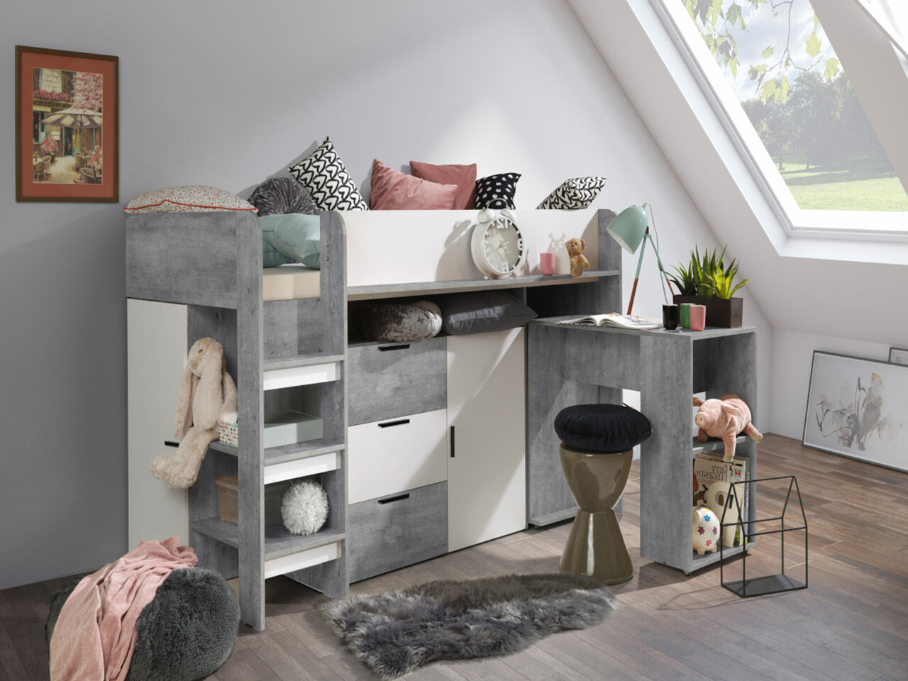 Lit mezzanine Hartford 363 (Béton + Blanc)