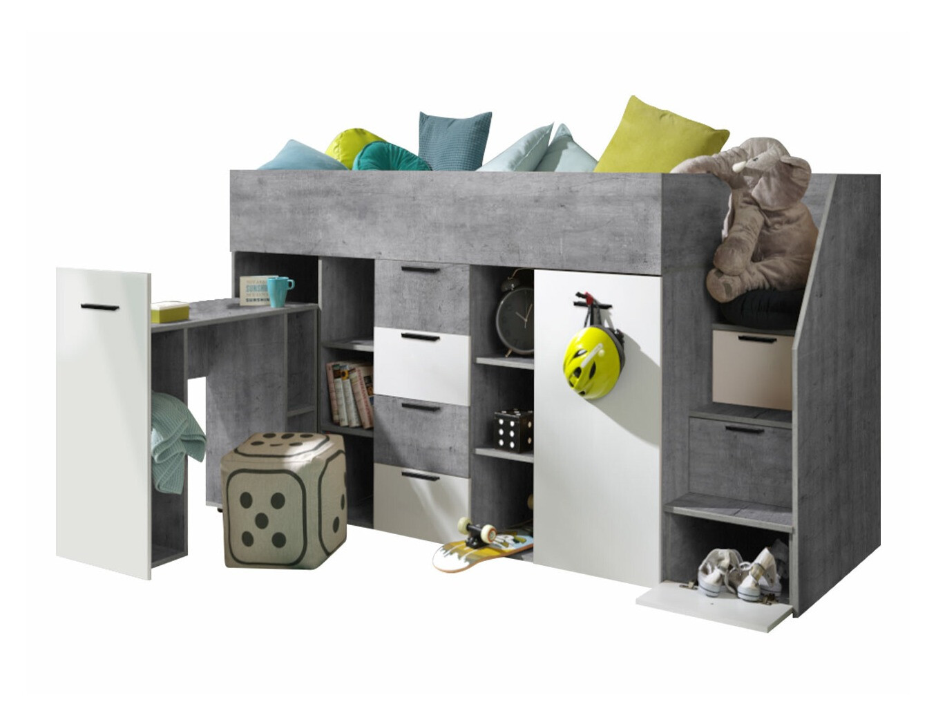 Lit mezzanine Hartford 364 (Béton + Blanc)