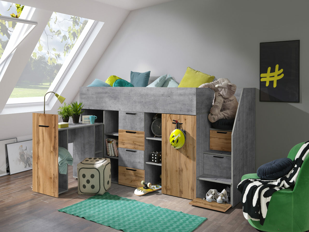 Lit mezzanine Hartford 364 (Béton + Chêne wotan)