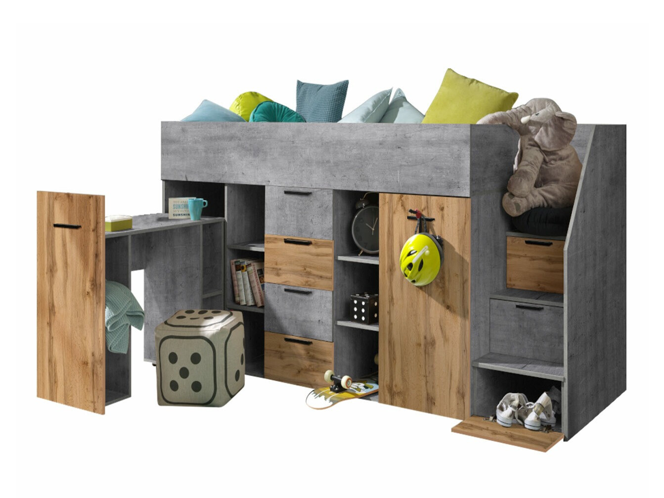 Lit mezzanine Hartford 364 (Béton + Chêne wotan)