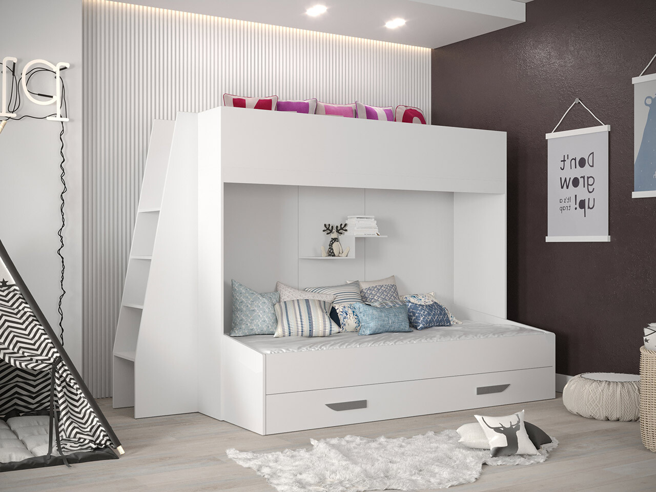 Lit superposé Hartford 357 (Blanc + Blanc brillant + Gris)