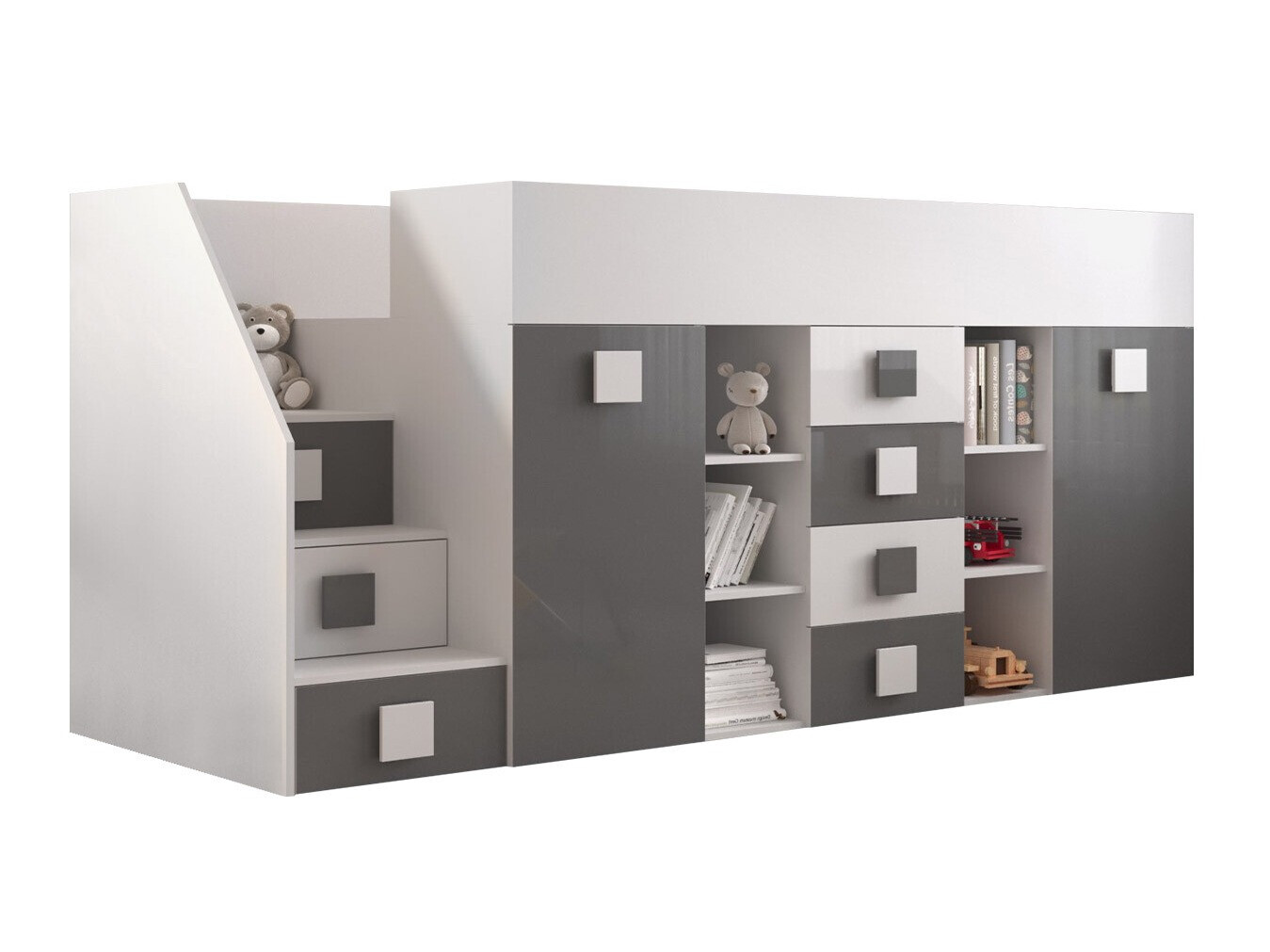 Lit haut Hartford 366 (Blanc + Gris brillant + Blanc brillant)