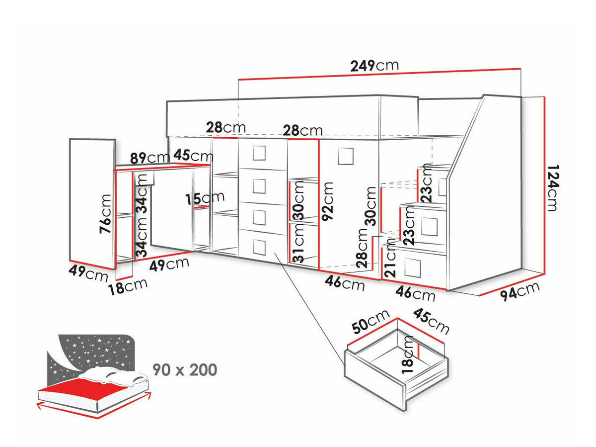 Lit haut Hartford 366 (Blanc + Gris brillant + Blanc brillant)