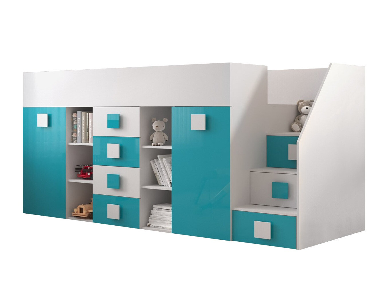 Lit mezzanine Hartford 366 (Blanc + Brillant Turquoise + Blanc brillant)