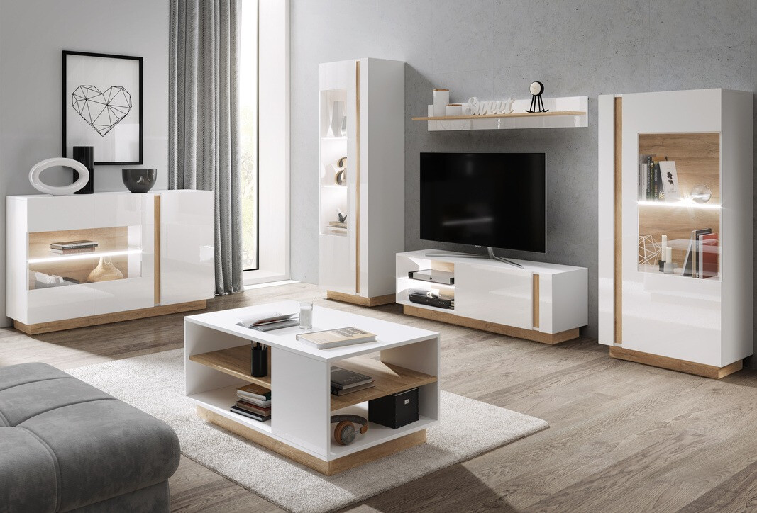 Meuble TV Novbela 107 (Blanc + Blanc brillant + Grandson chêne)