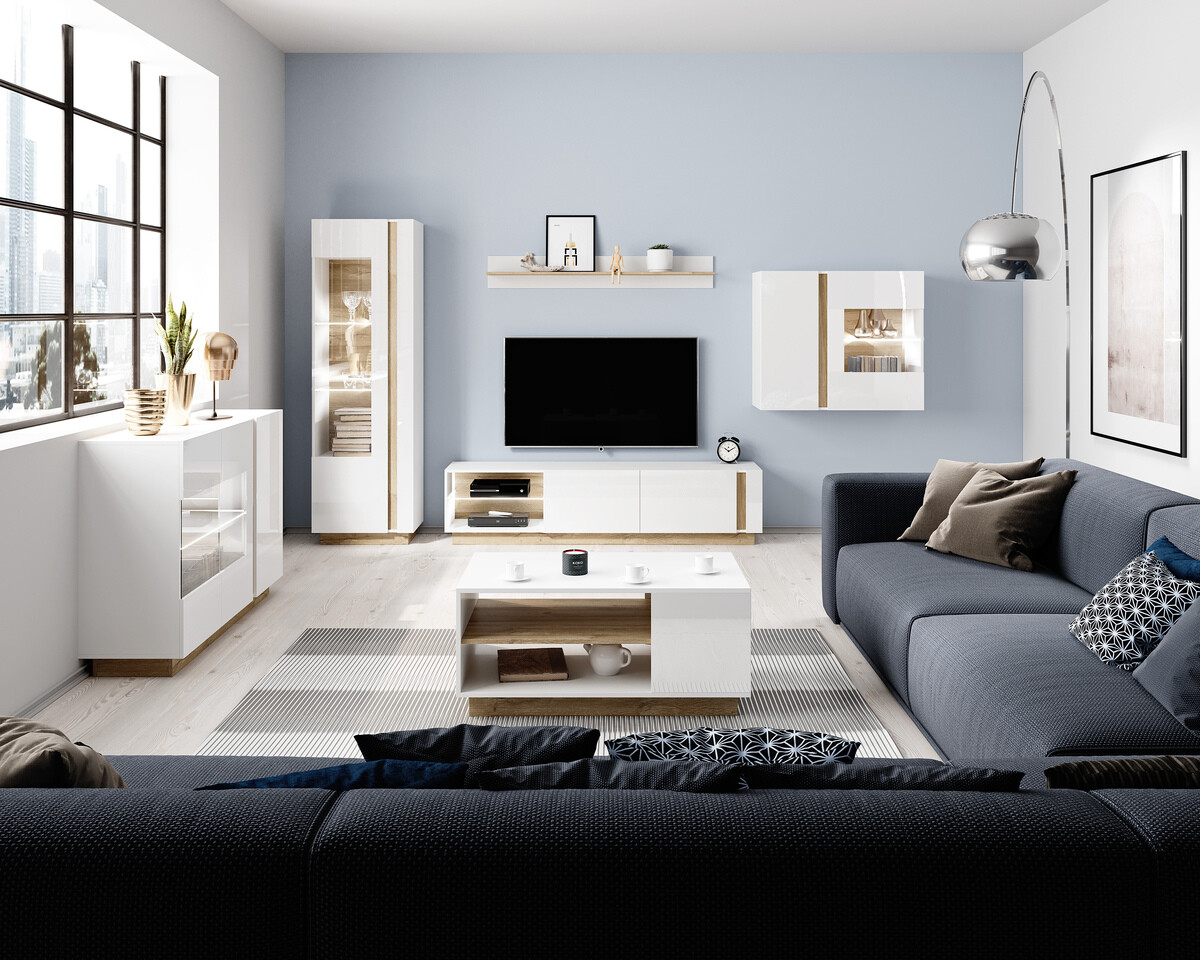 Meuble TV Novbela 108 (Blanc + Blanc brillant + Grandson chêne)