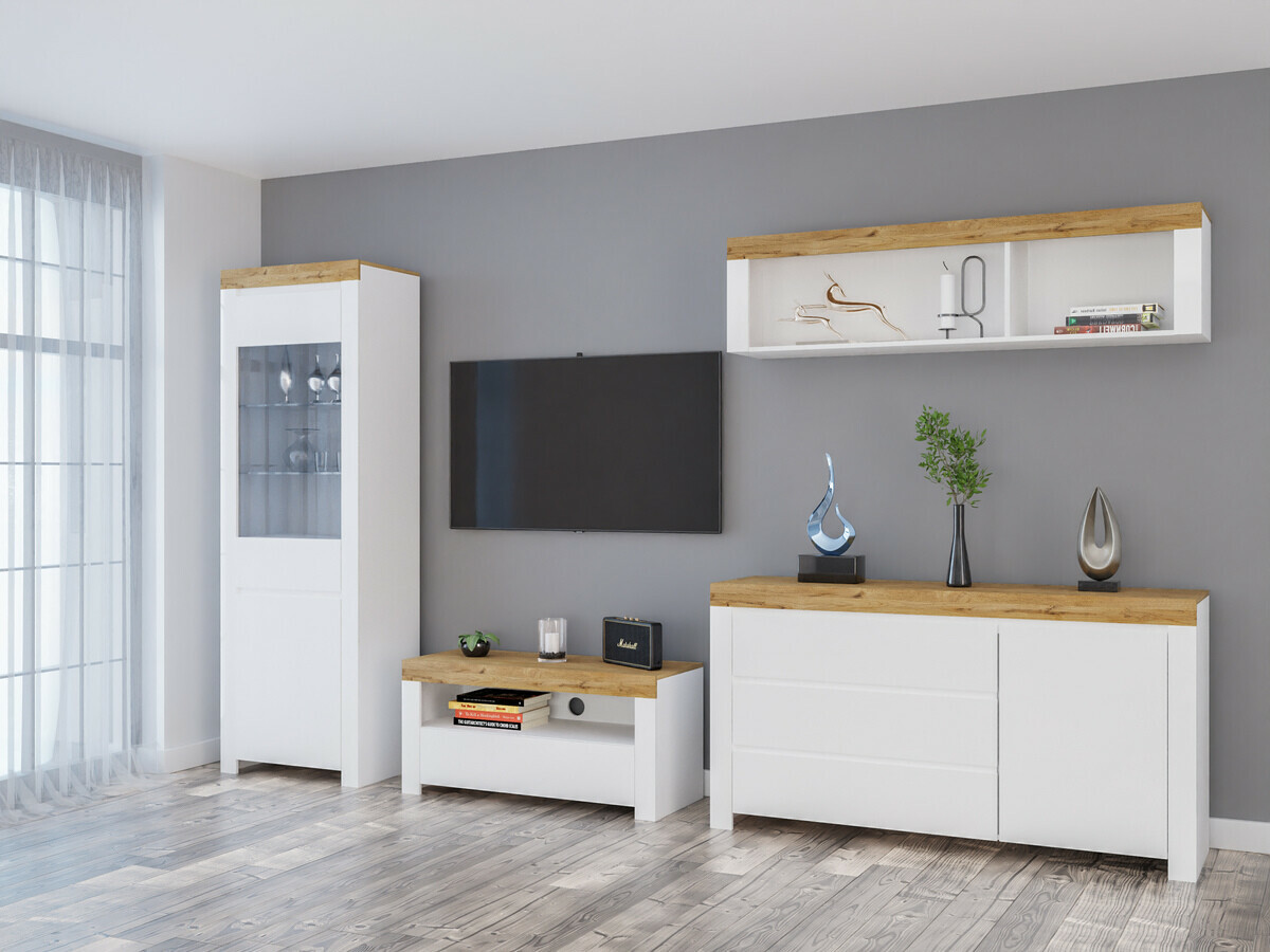 Ensemble de salon Sonsoru 144 (Blanc + Blanc brillant + Chêne wotan)