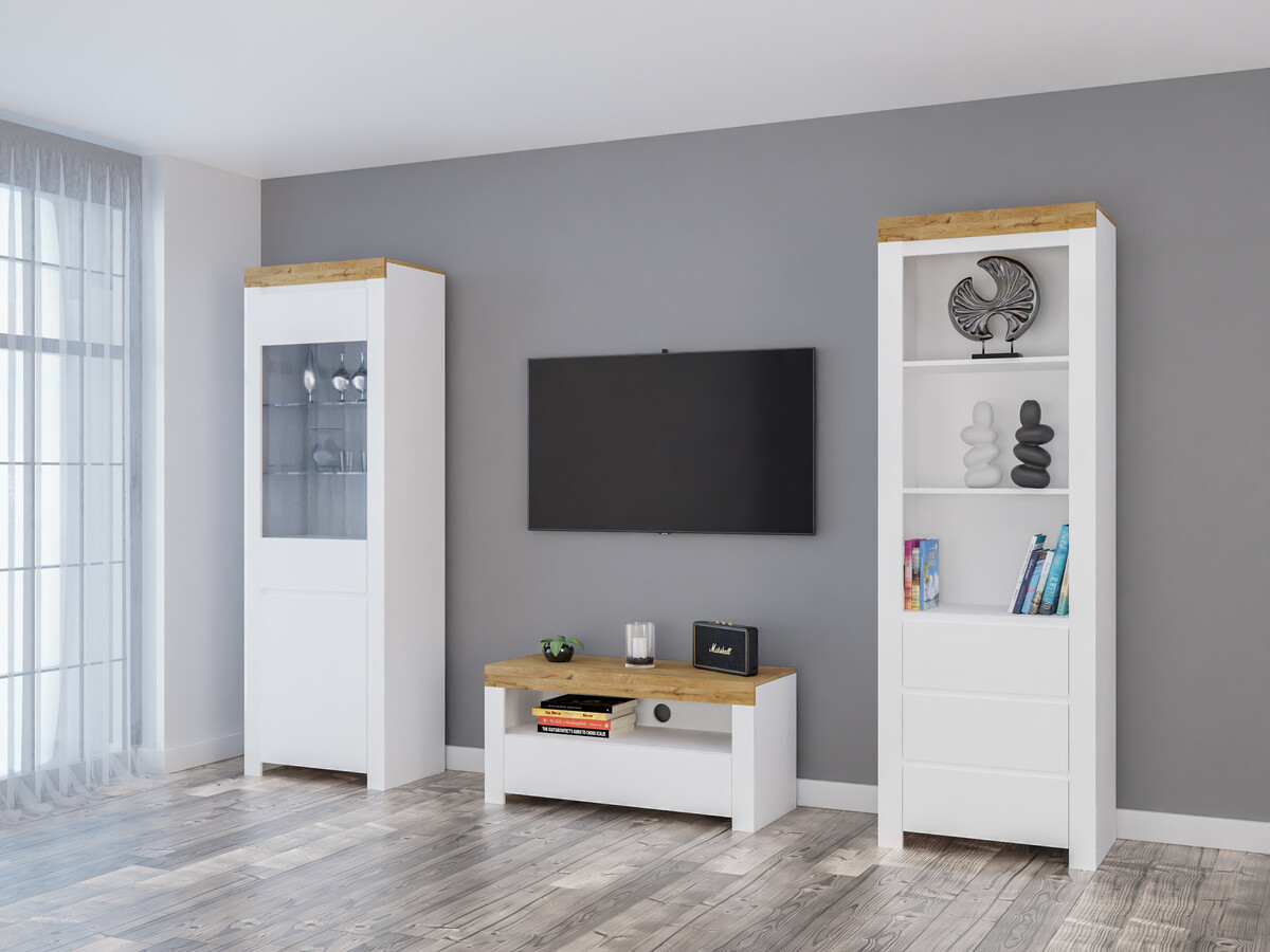 Ensemble de salon Sonsoru 145 (Blanc + Blanc brillant + Chêne wotan)