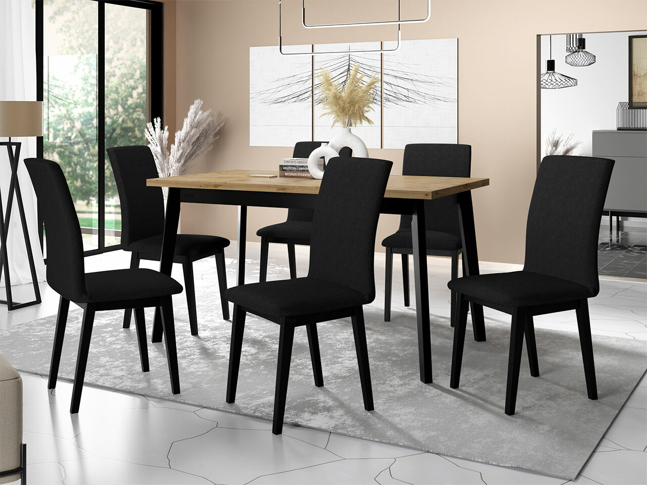 Salle à manger complète Victorville 288 (Chêne Artisan + Noir)
