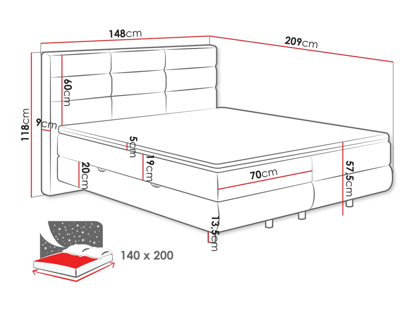 Lit boxspring ComfiDream Serena (Barrel 90)