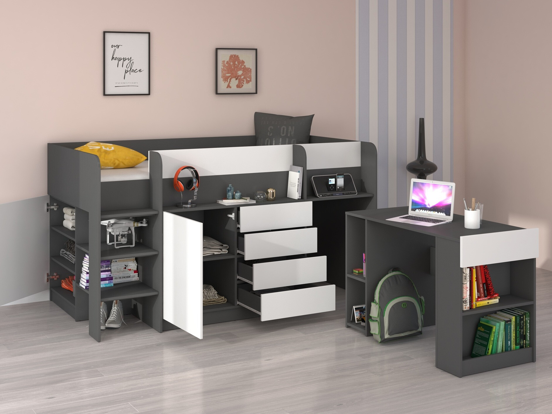 Lit mezzanine Gilroy 116 (Graphite + Blanc)