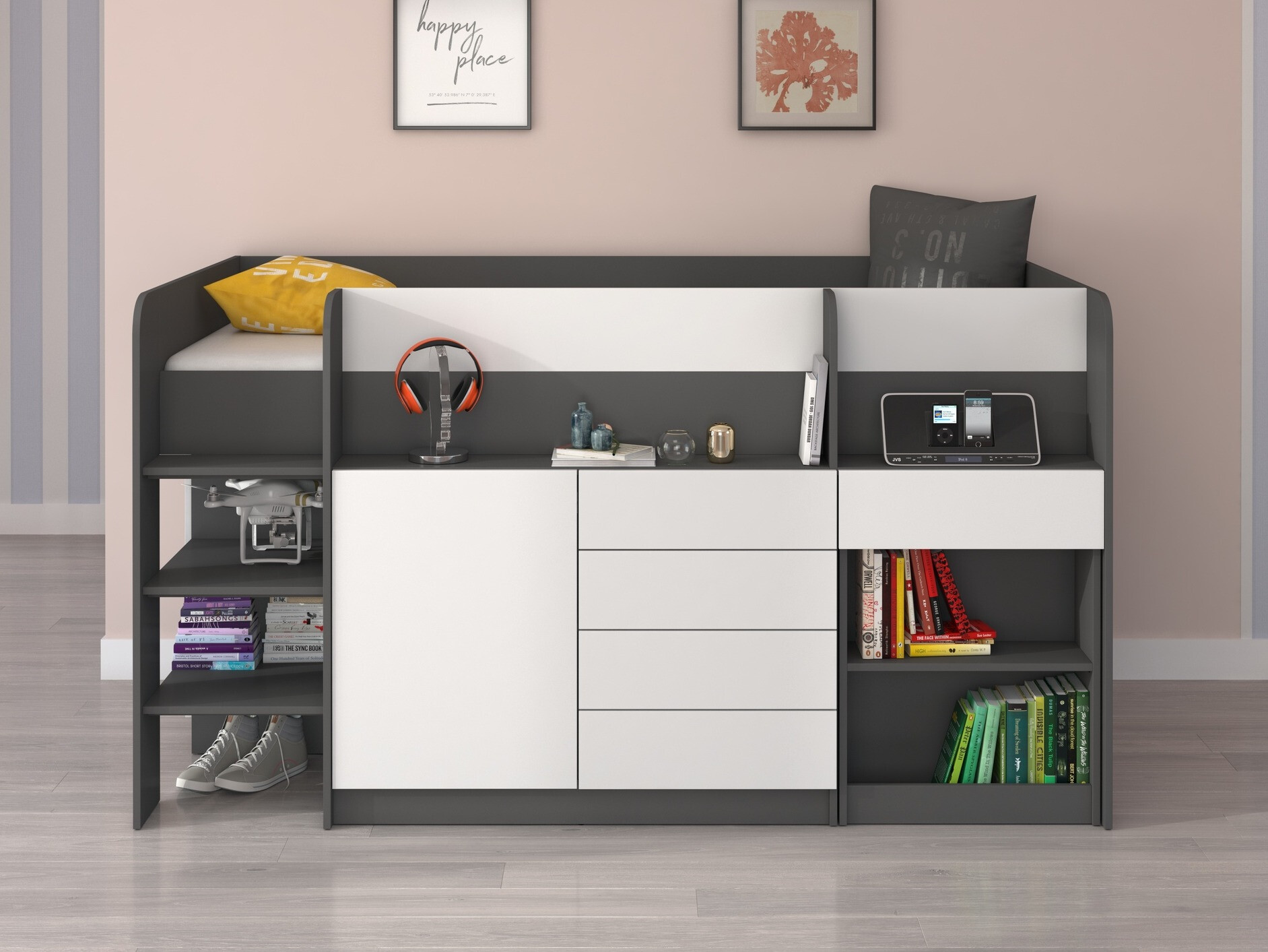 Lit mezzanine Gilroy 116 (Graphite + Blanc)