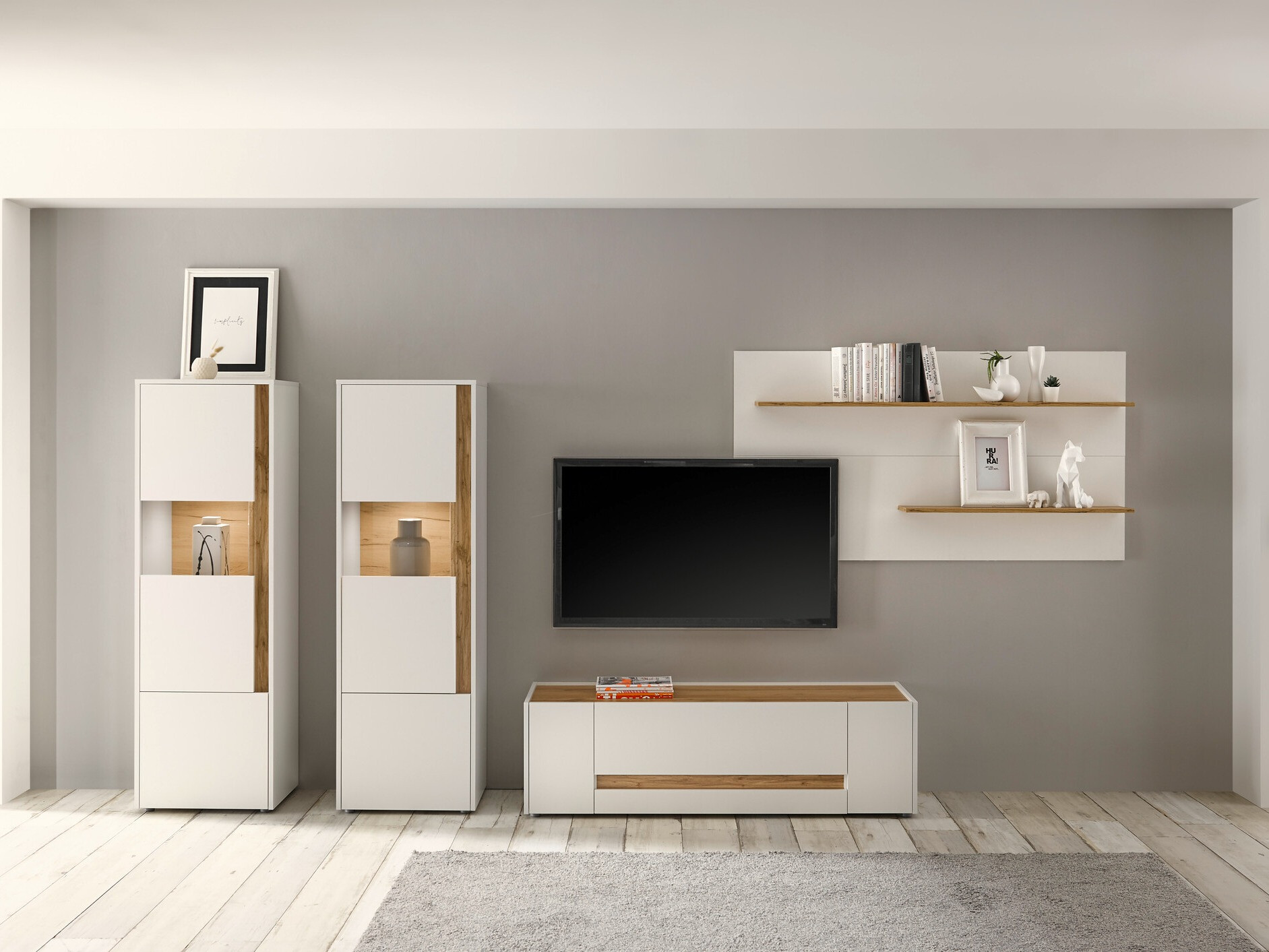 Meuble TV Elbsori 114 (Blanc + Chêne wotan)