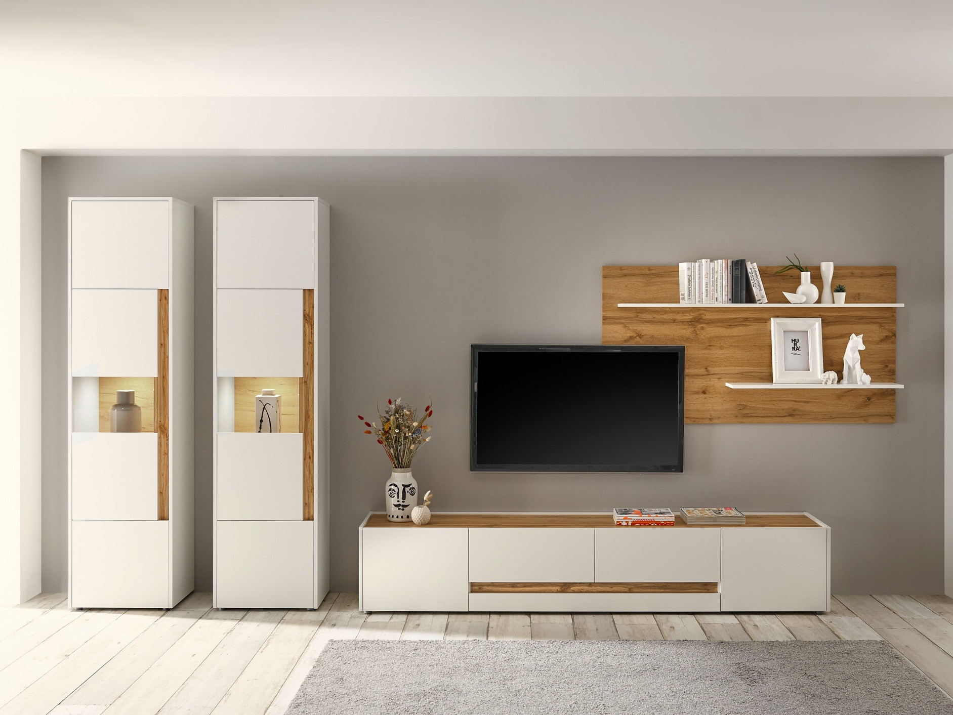 Meuble TV Elbsori 116 (Blanc + Chêne wotan)