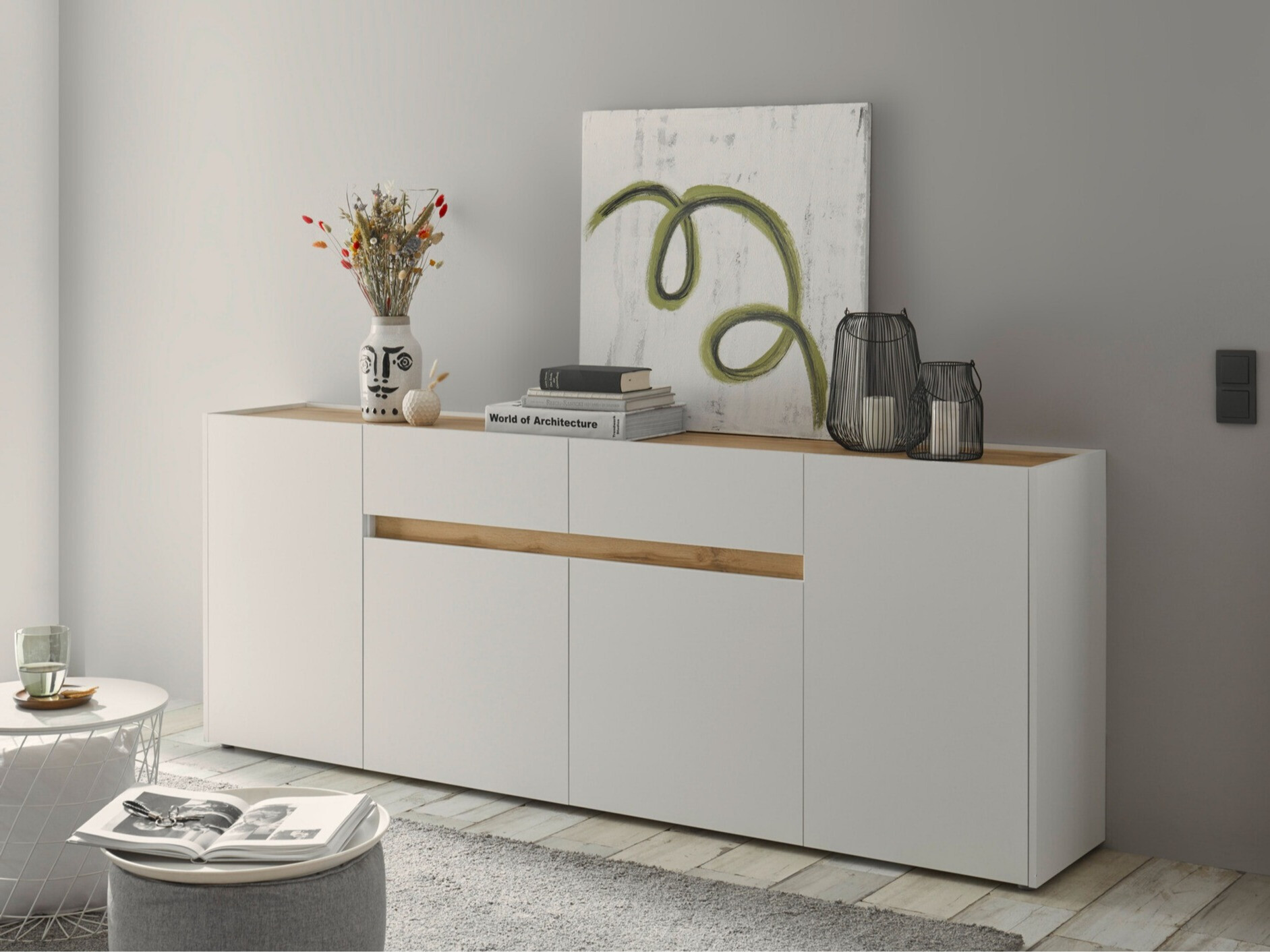 Commode Elbsori 118 (Blanc + Chêne wotan)