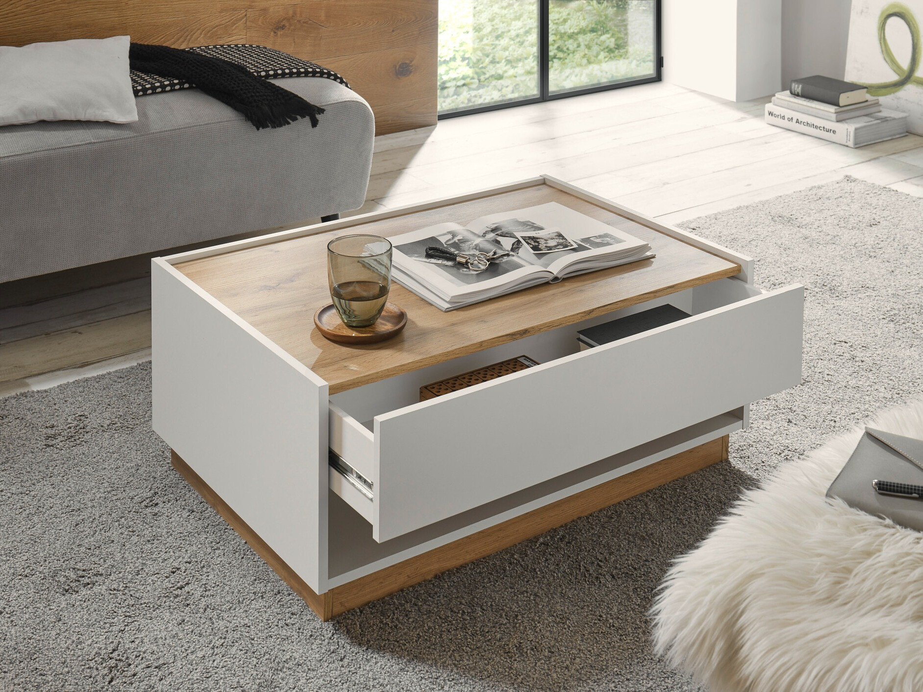 Table basse Elbsori 123 (Blanc + Chêne wotan)