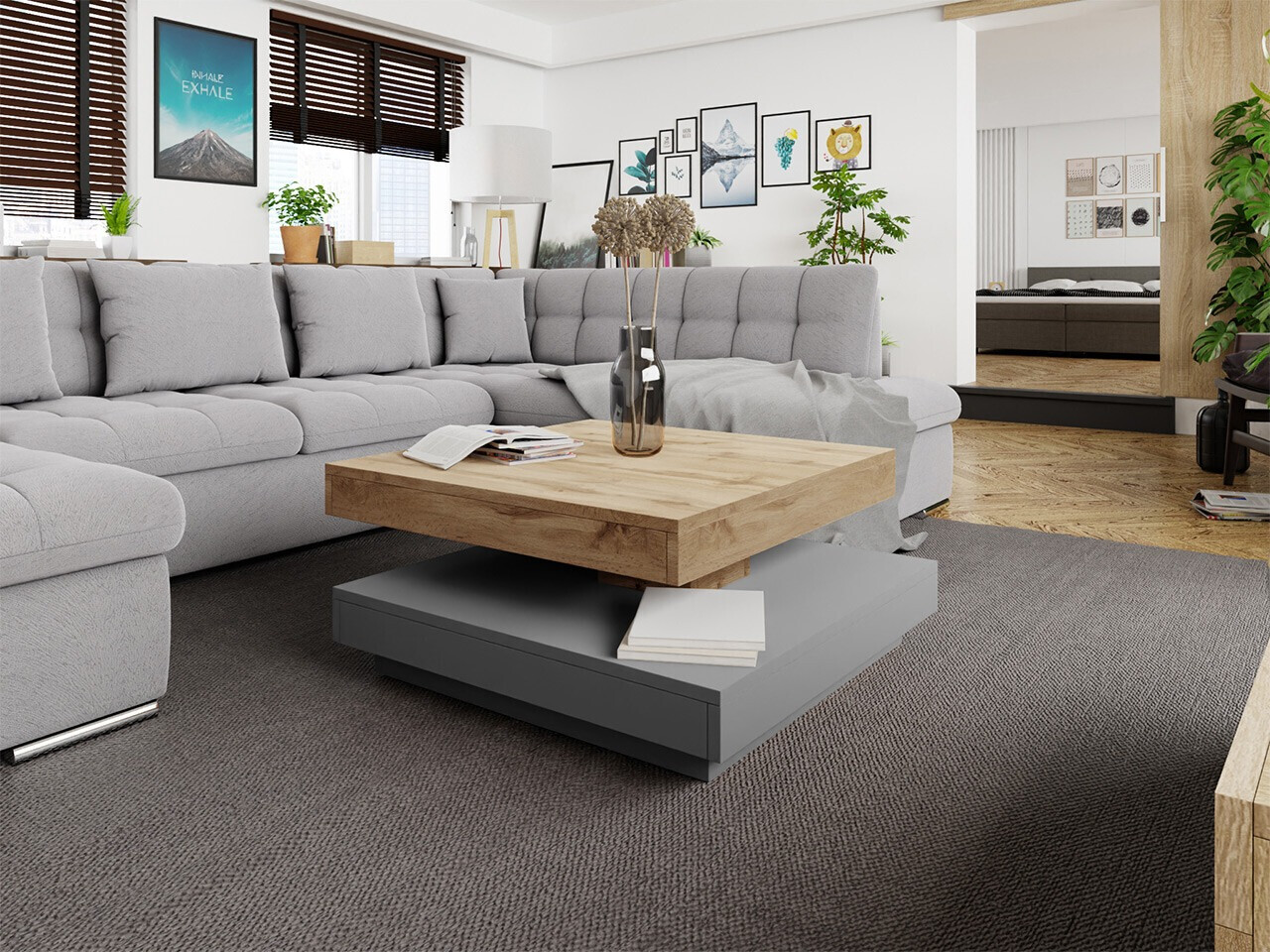 Table basse transformateur Comfivo Pisces (Graphite + Chêne wotan)