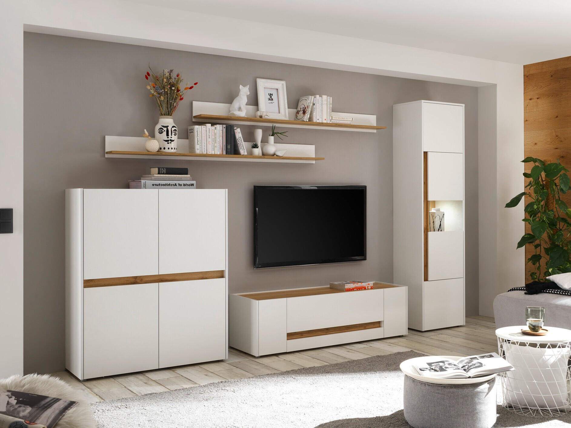 Ensemble de salon Elbsori 131 (Blanc + Chêne wotan)