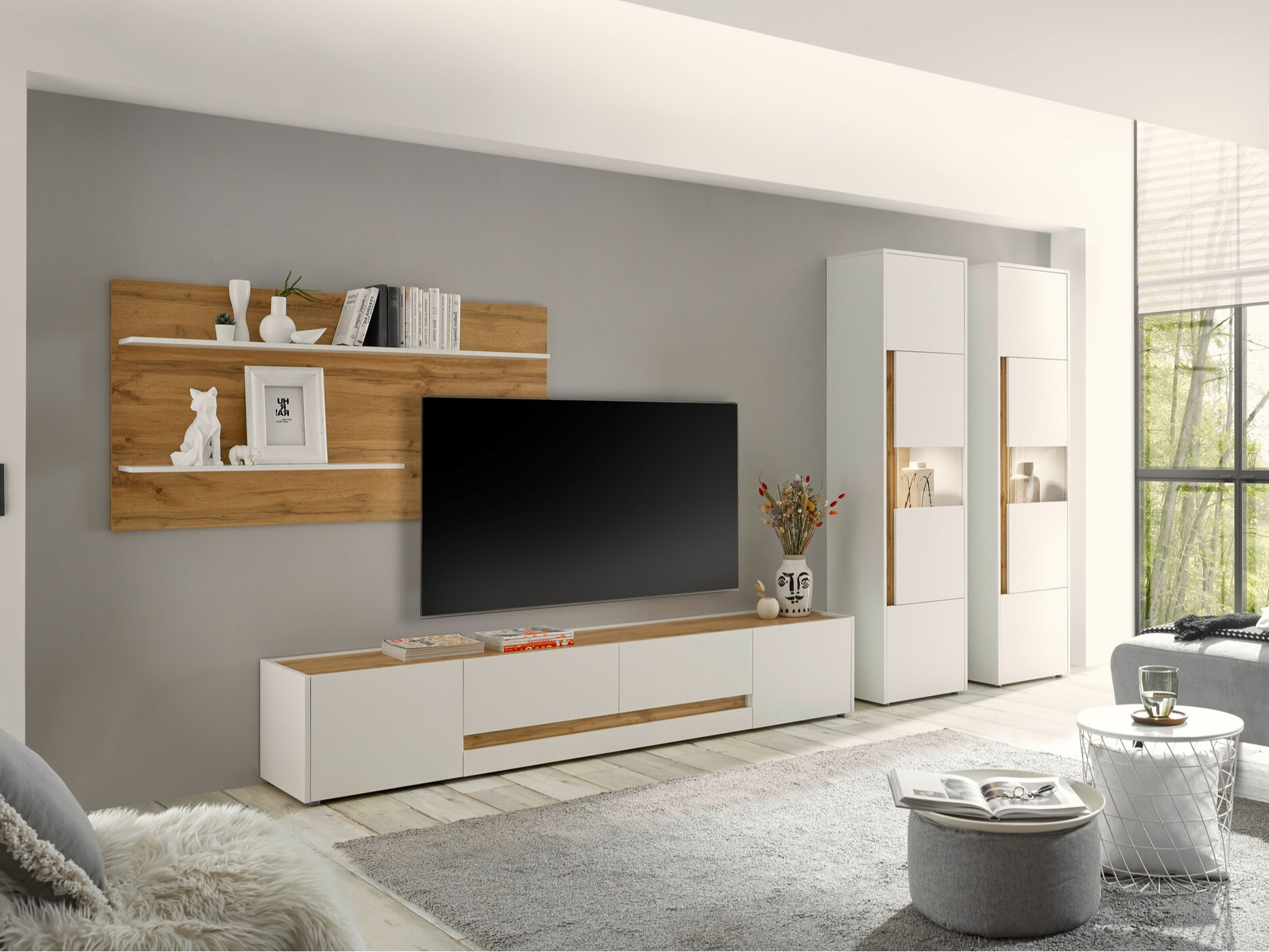 Ensemble de salon Elbsori 132 (Blanc + Chêne wotan)