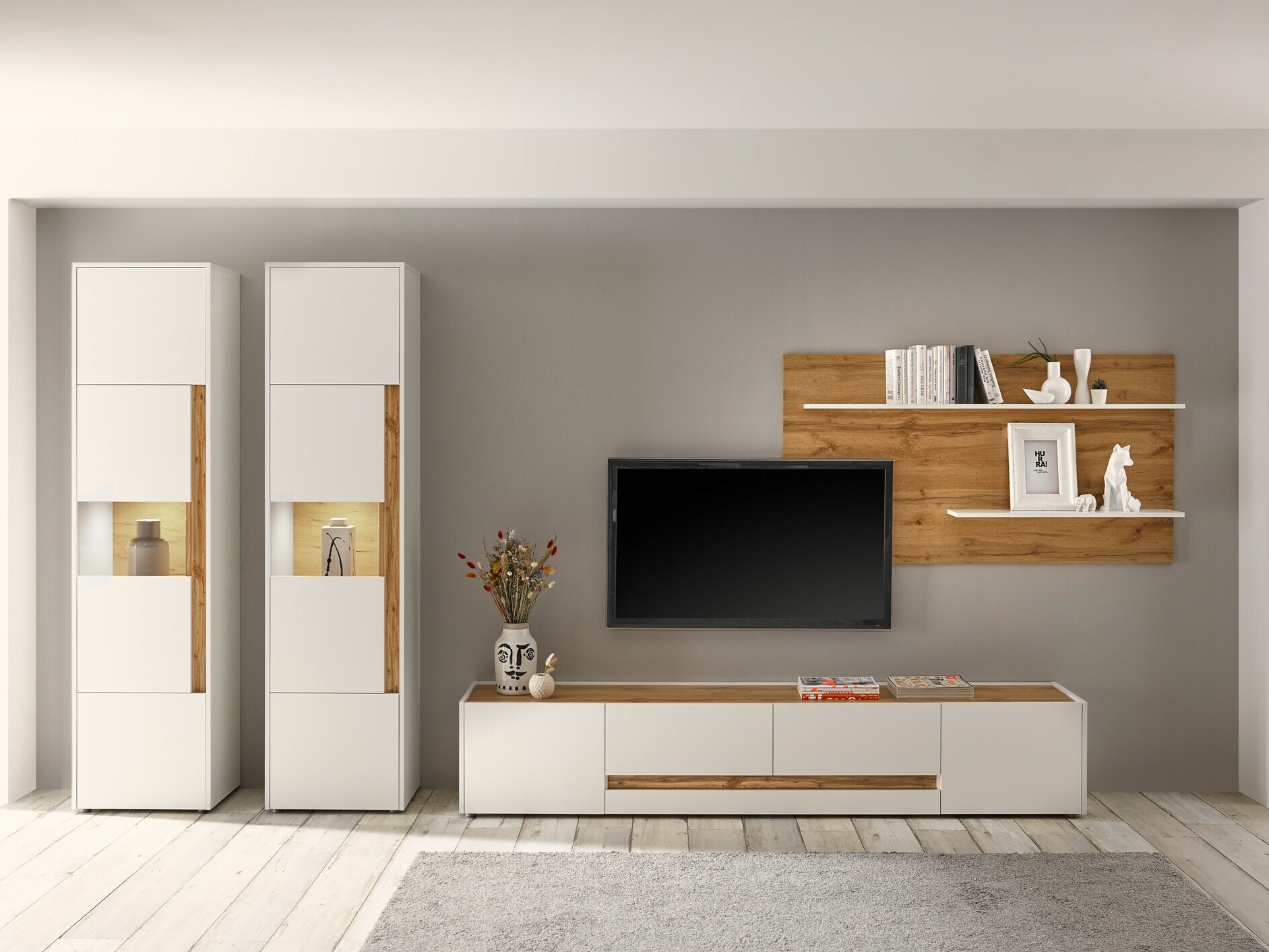 Ensemble de salon Elbsori 132 (Blanc + Chêne wotan)