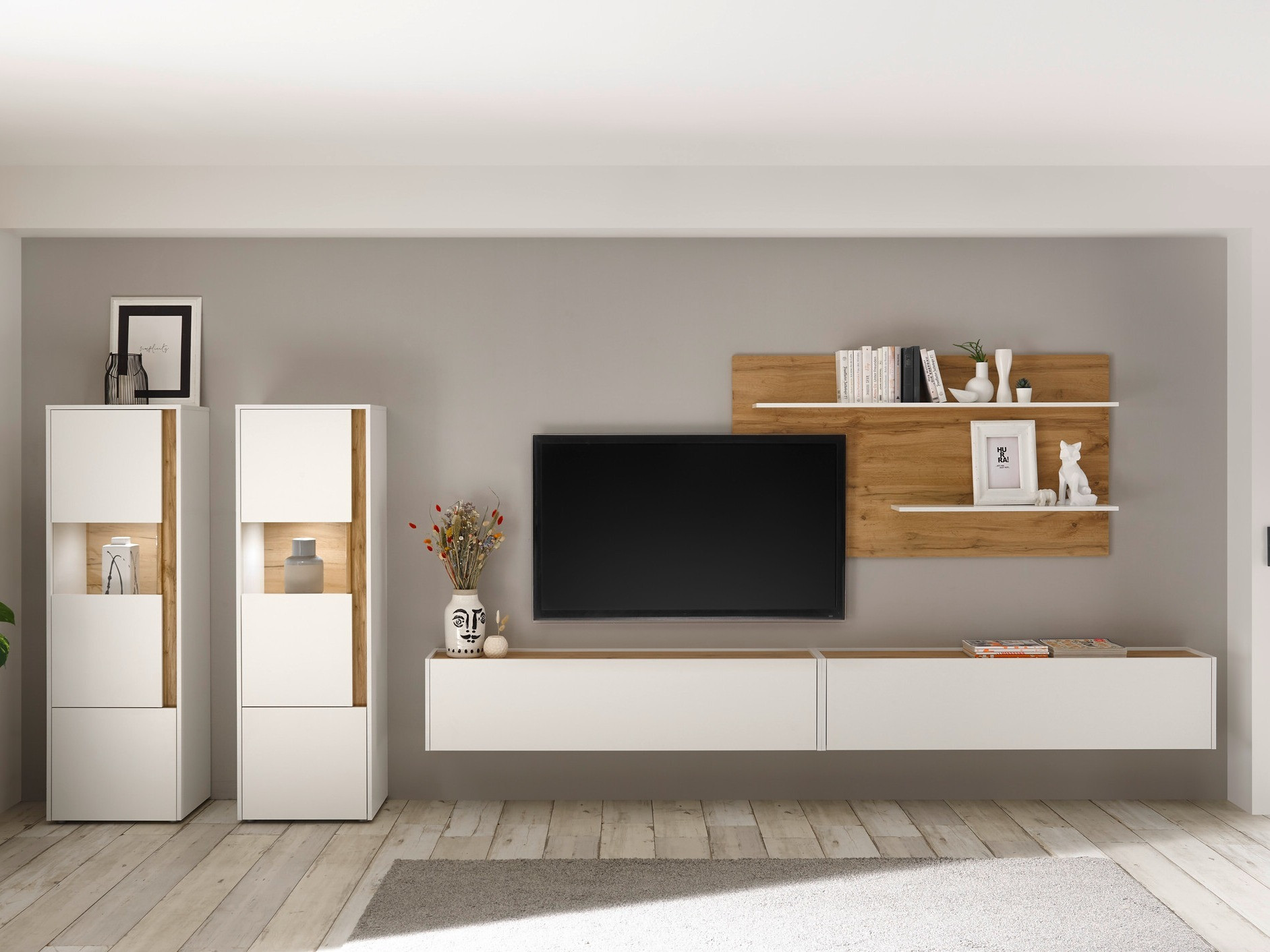 Ensemble de salon Elbsori 135 (Blanc + Chêne wotan)