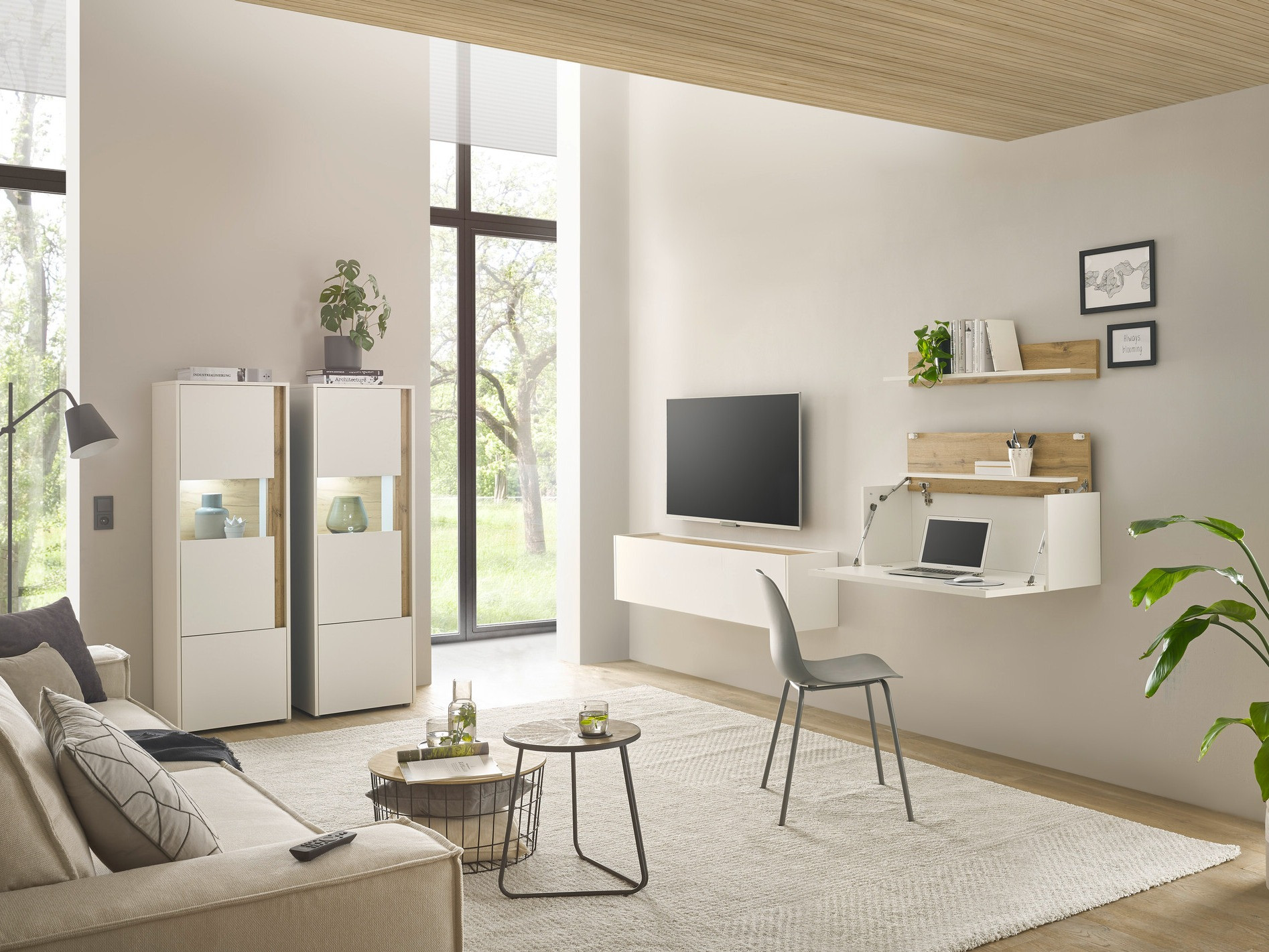 Ensemble de salon Elbsori 136 (Blanc + Chêne wotan)