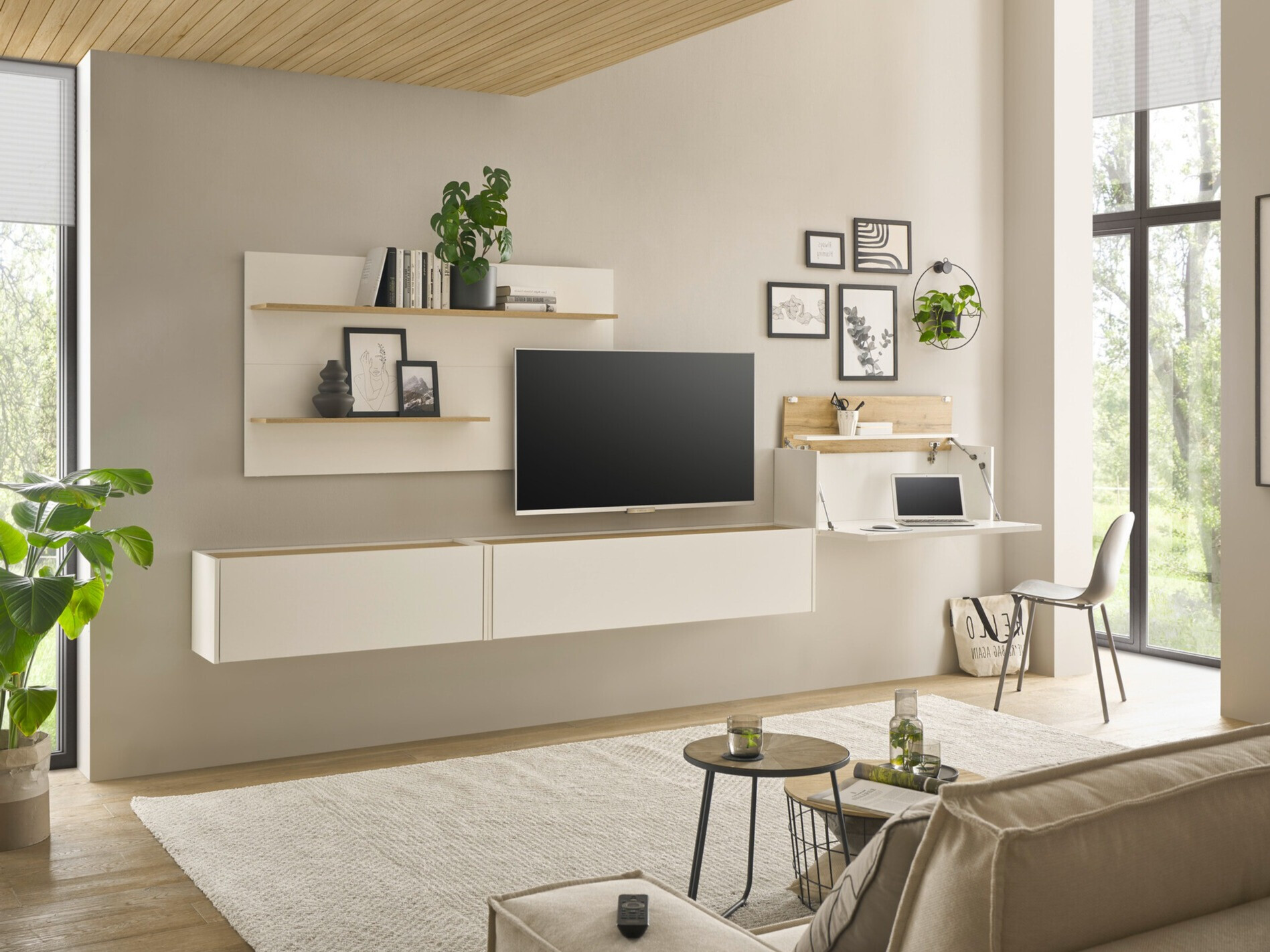 Ensemble de salon Elbsori 137 (Blanc + Chêne wotan)