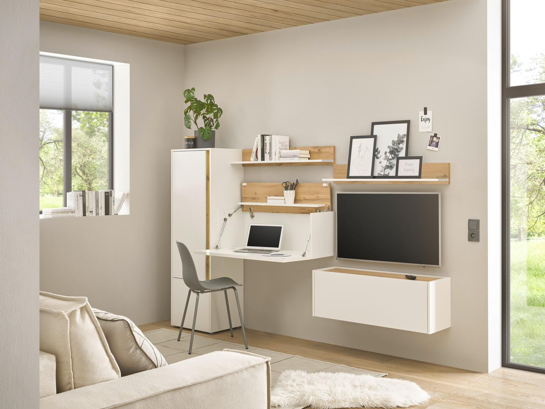 Ensemble de salon Elbsori 138 (Blanc + Chêne wotan)