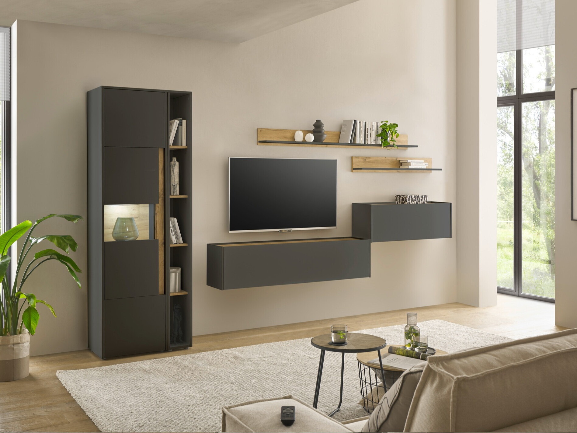 Ensemble de salon Elbsori 140 (Anthracite + Chêne wotan)