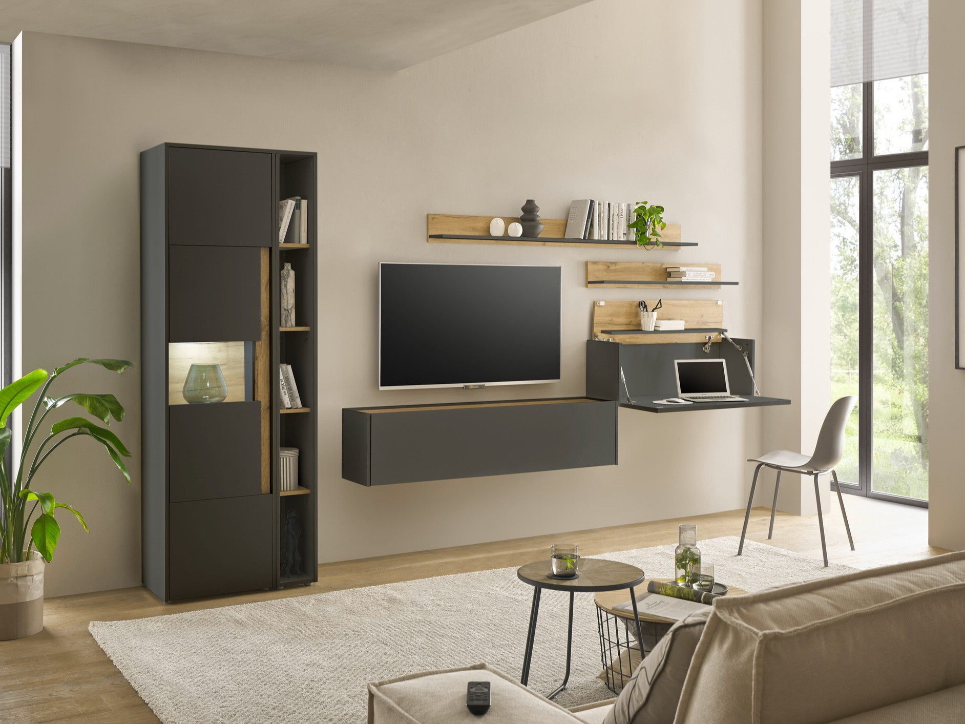 Ensemble de salon Elbsori 140 (Anthracite + Chêne wotan)